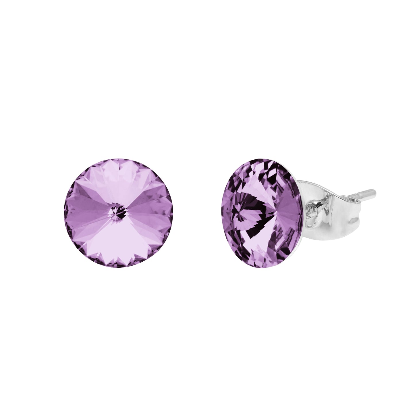 Aura's Stud Earrings With Crystals showcases round, faceted violet gemstones elegantly set in a sleek silver design.