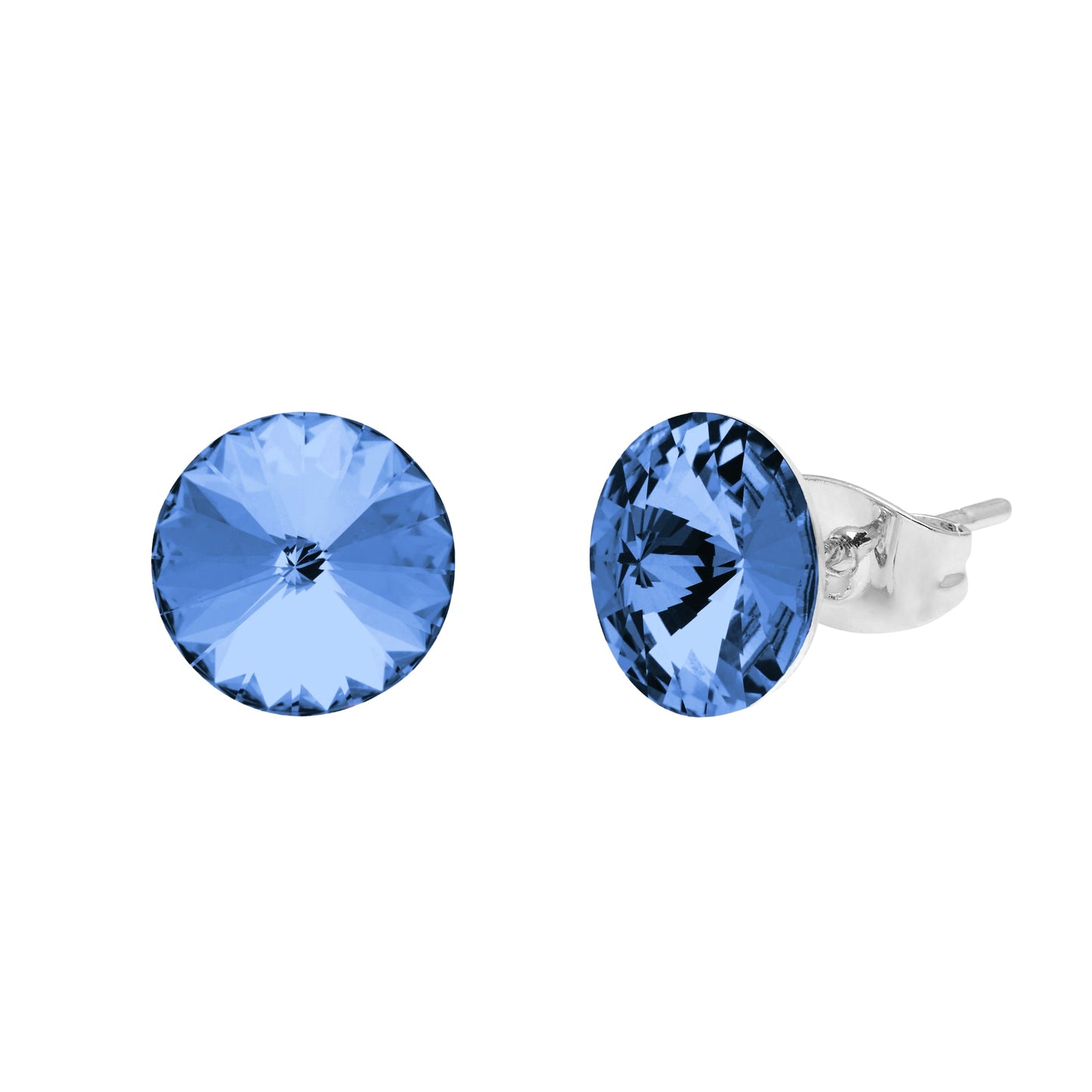 Two round blue stud earrings by Aura, featuring Swarovski crystals set in a sleek silver metal frame.