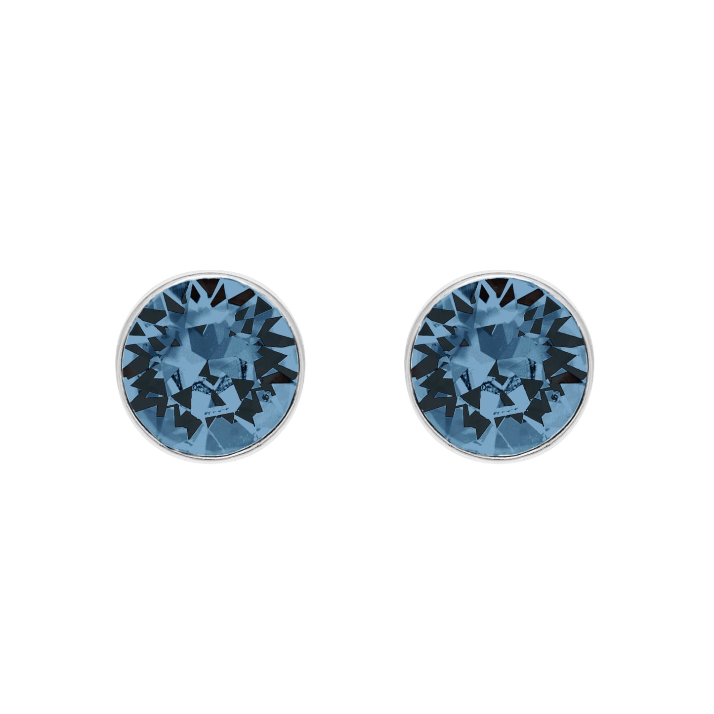 The Aura Stud Earrings With Crystals are elegantly crafted with Swarovski Crystals, featuring a round blue gemstone with a faceted design on a plain white background.