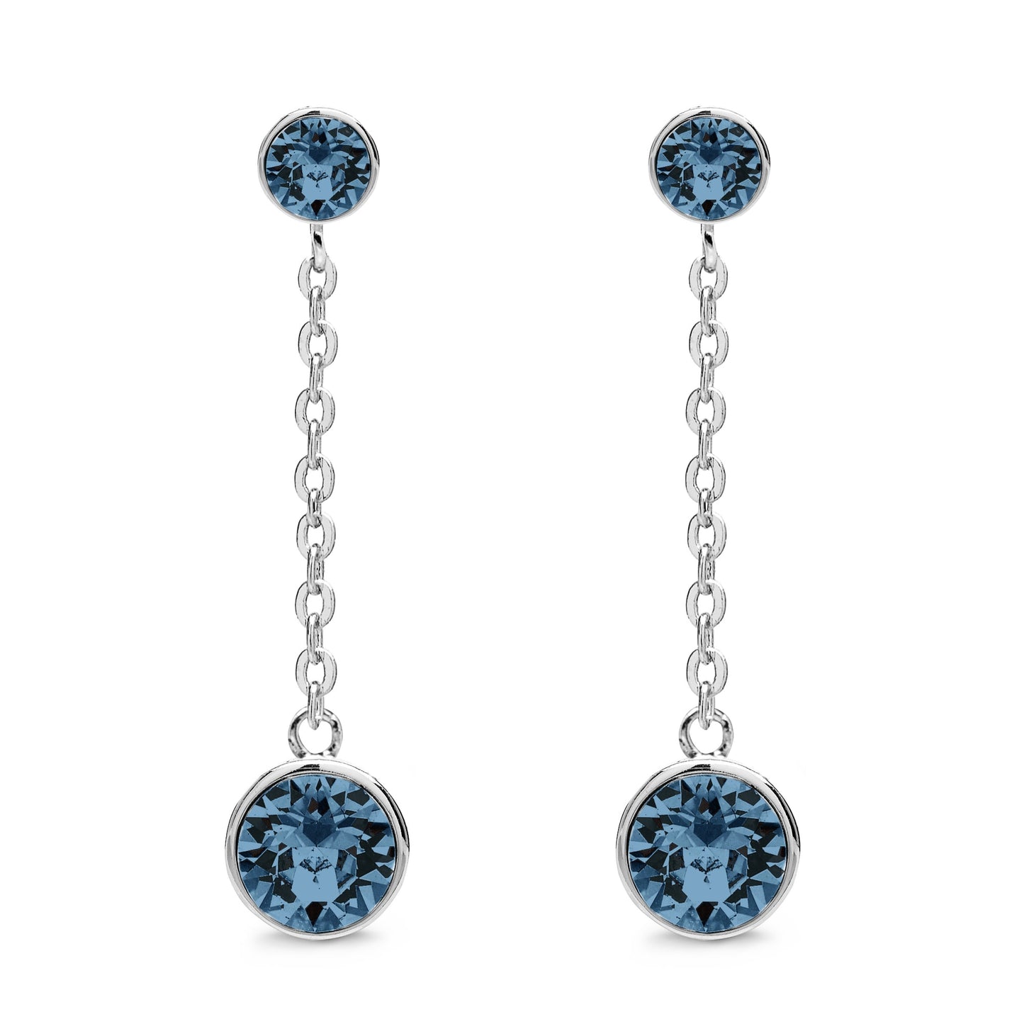 Aura's Drop and Dangle Earrings With Crystals are elegantly crafted in silver, featuring dangling chains adorned with round blue Swarovski Crystals at the ends, all set against a pristine white background.