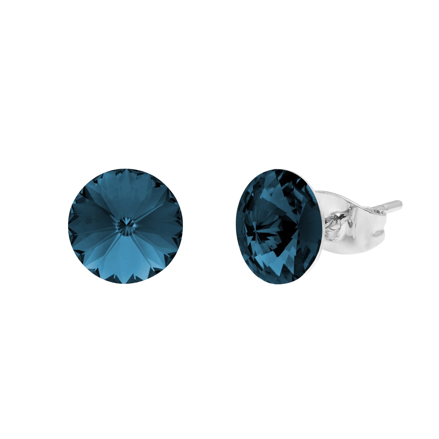 Aura's stud earrings with crystals, featuring round blue gemstones set on silver posts and elegantly adorned with Swarovski Crystals, displayed on a white background.