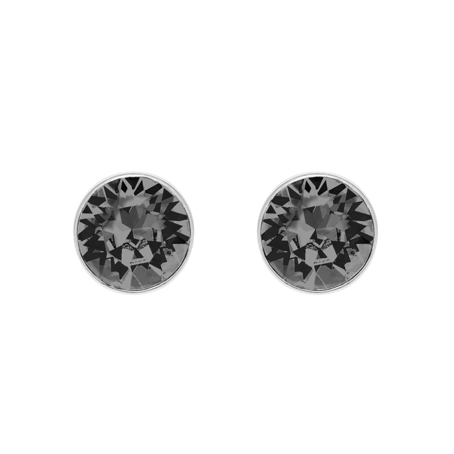 Introducing "Stud Earrings With Crystals" by Aura: A pair of round, faceted, dark crystal stud earrings with reflective surfaces, beautifully set in 18k gold.