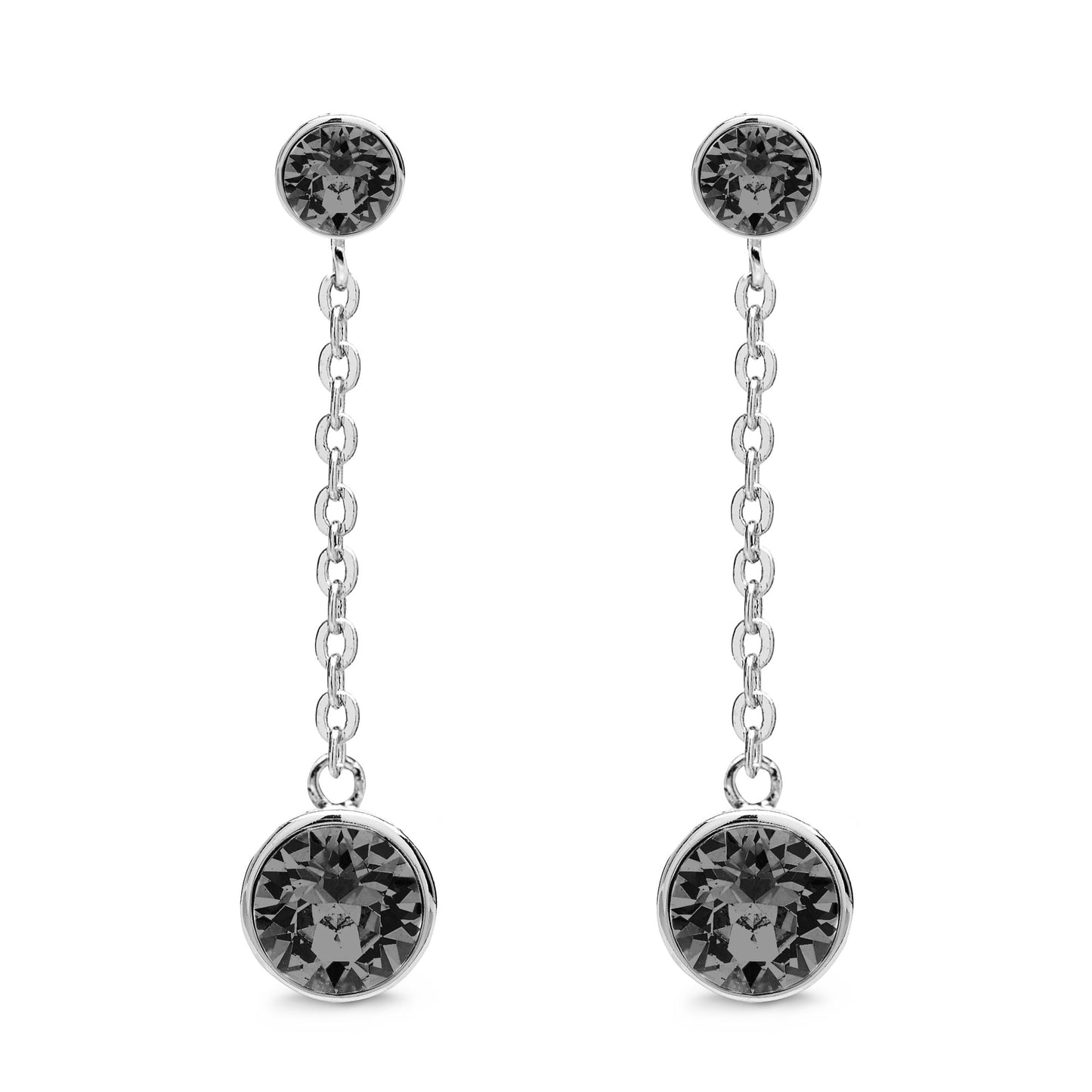 The Drop and Dangle Earrings With Crystals from Aura, featuring round black gemstones and shimmering Swarovski Crystals, exude a touch of refined elegance.