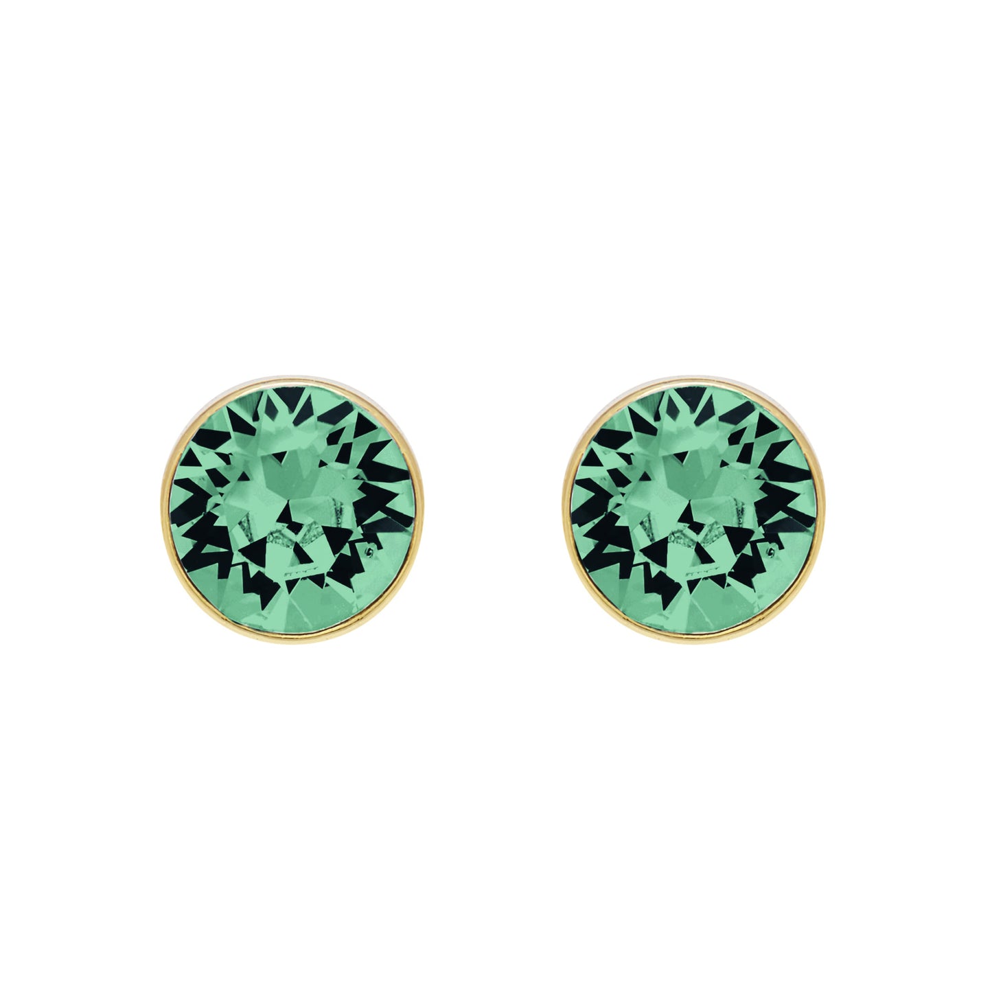 Aura's Stud Earrings with Crystals feature a pair of round green gemstones in elegant 18k gold bezel settings, sparkling beautifully against a white background.