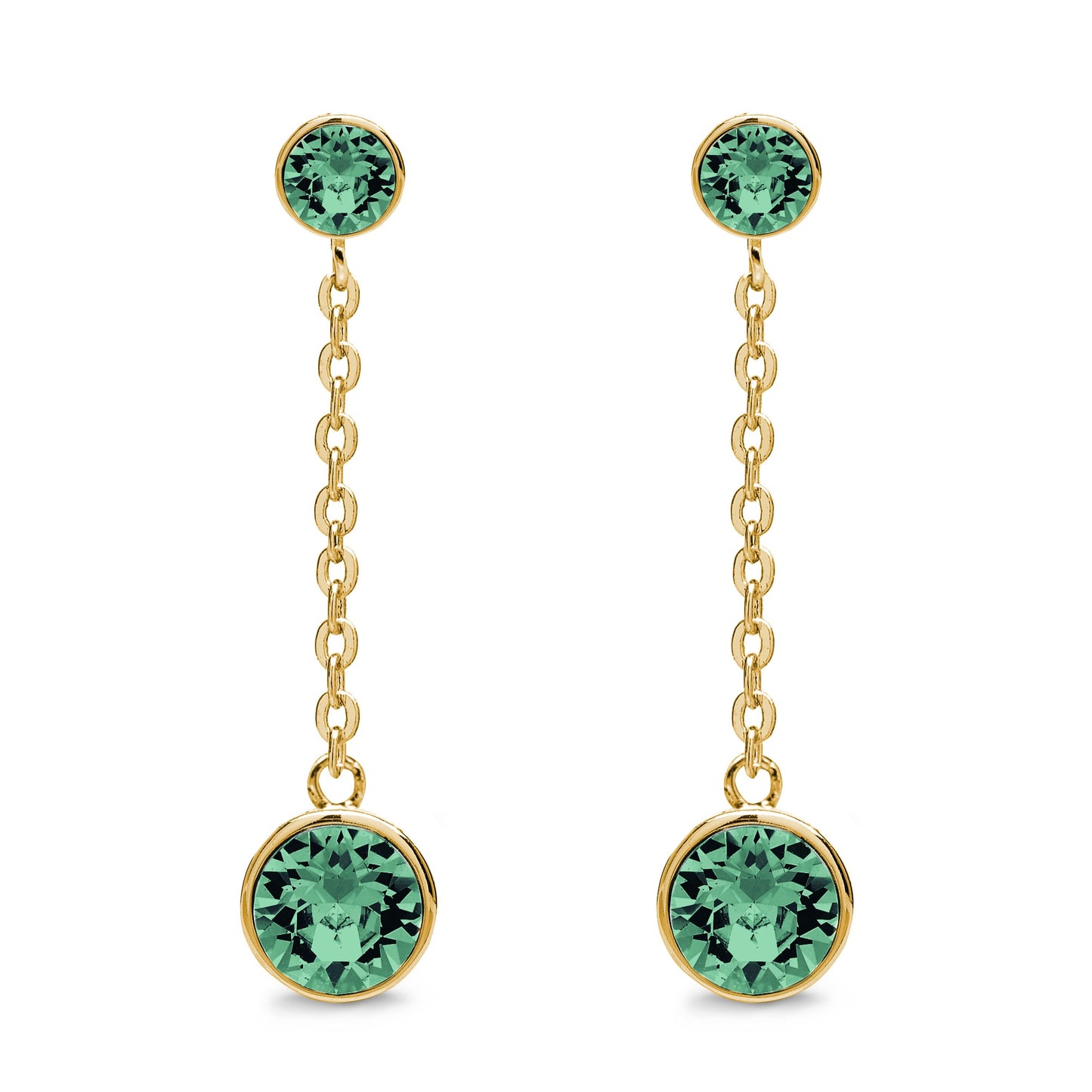 Aura's Drop and Dangle Earrings with Crystals feature gold chain drops adorned with green gemstones at both ends, tastefully embellished with shimmering Swarovski Crystals and set in opulent 18k gold.