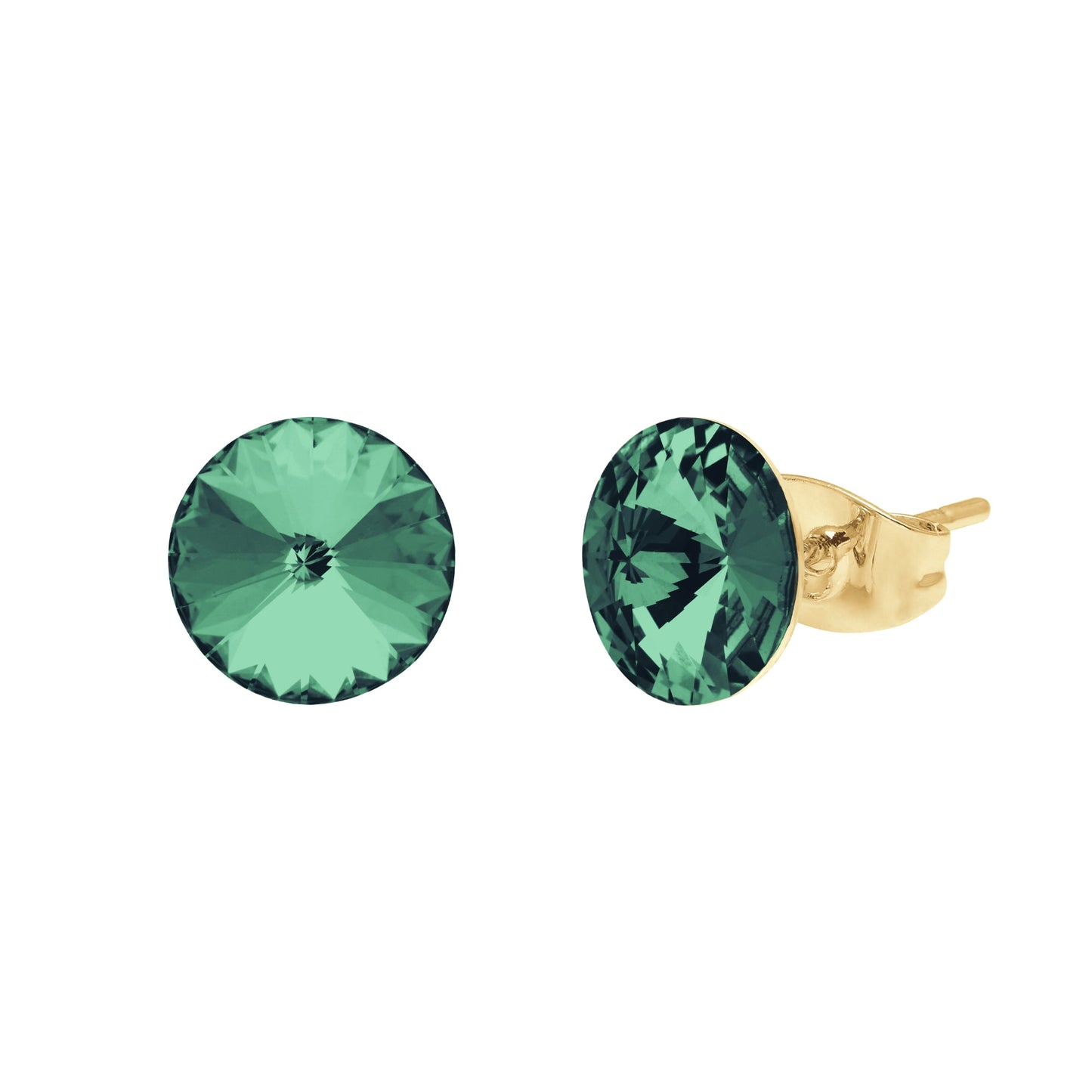 Aura's Stud Earrings With Crystals showcase round green gemstones beautifully set in lustrous 18k gold, offering an elegant touch reminiscent of classic gold earrings.