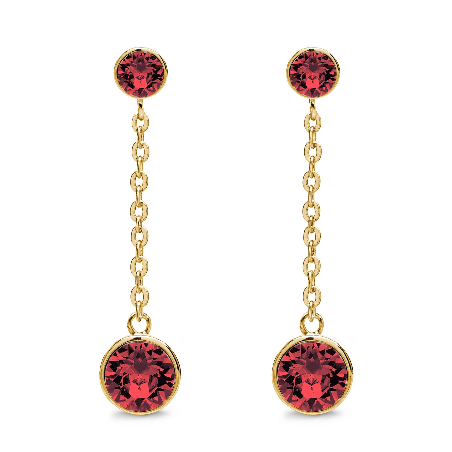 Aura's Drop and Dangle Earrings with Crystals feature exquisite gold chain design adorned with red Swarovski crystals, showcasing round studs and elegant 18k gold dangling stones.