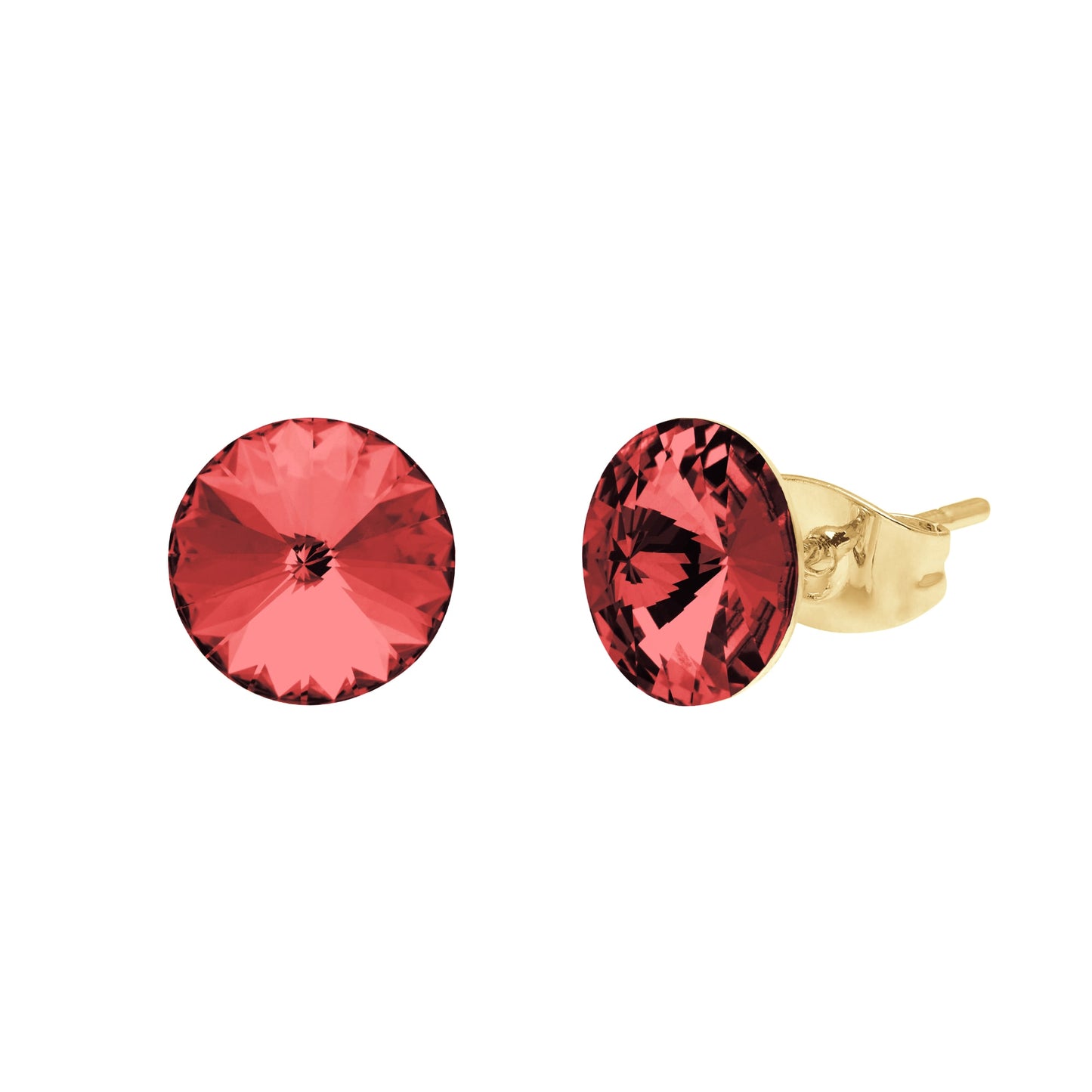 Pair of elegant 18k gold stud earrings from Aura featuring radiant round red Swarovski Crystals.
