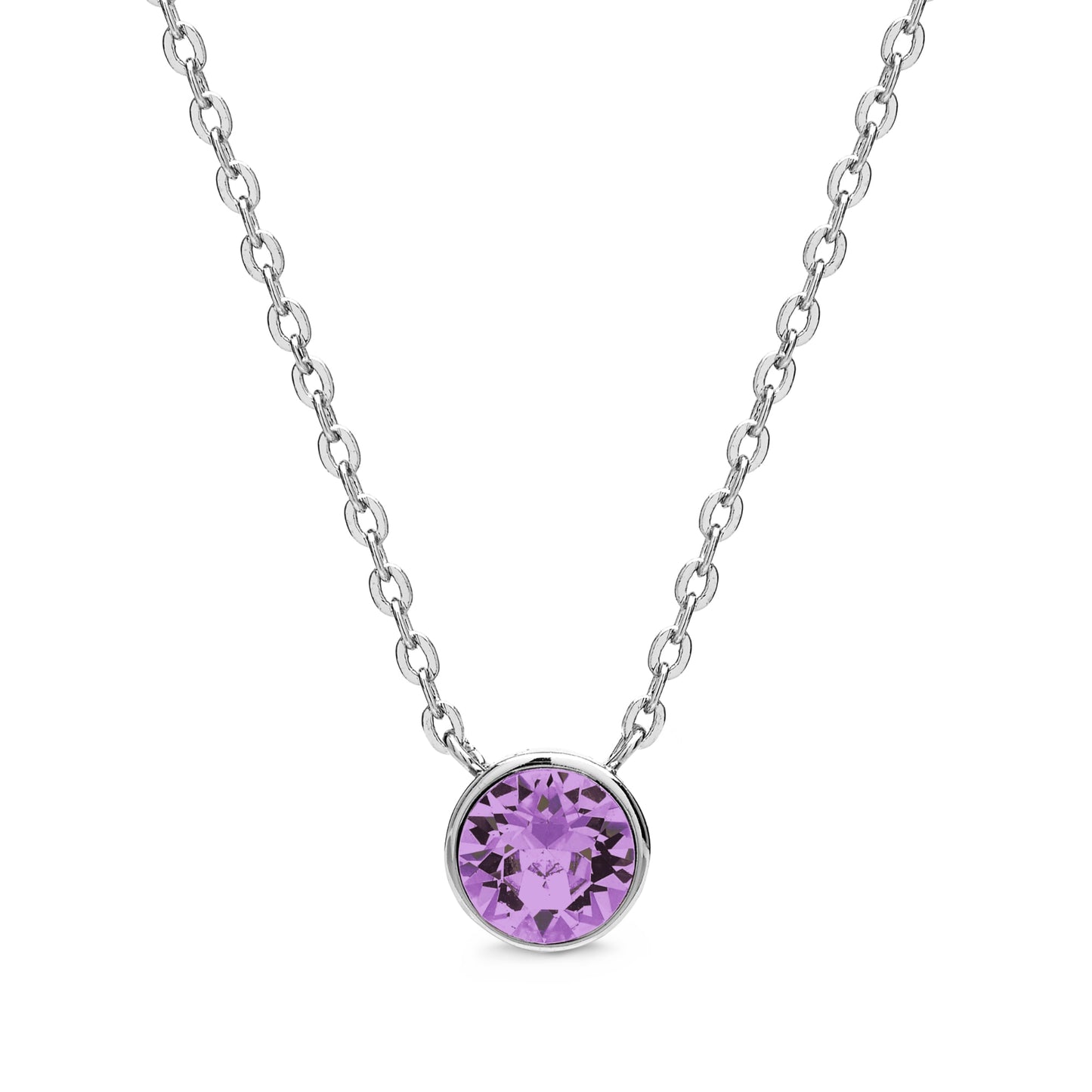 Aura presents the Pendant Necklace With Crystals, showcasing a round purple gemstone set on a silver chain embellished with Swarovski Crystals.