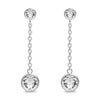 The Aura Drop and Dangle Earrings With Crystals boast two exquisite earrings adorned with clear round Swarovski crystals, elegantly linked by delicate chains and set in luxurious 18k gold for a sophisticated touch.