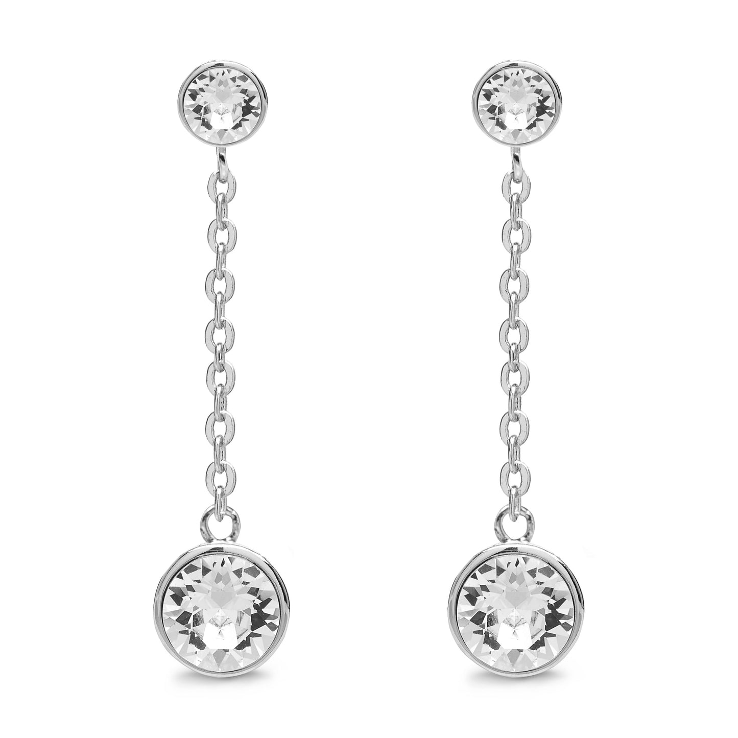 The Aura Drop and Dangle Earrings With Crystals boast two exquisite earrings adorned with clear round Swarovski crystals, elegantly linked by delicate chains and set in luxurious 18k gold for a sophisticated touch.
