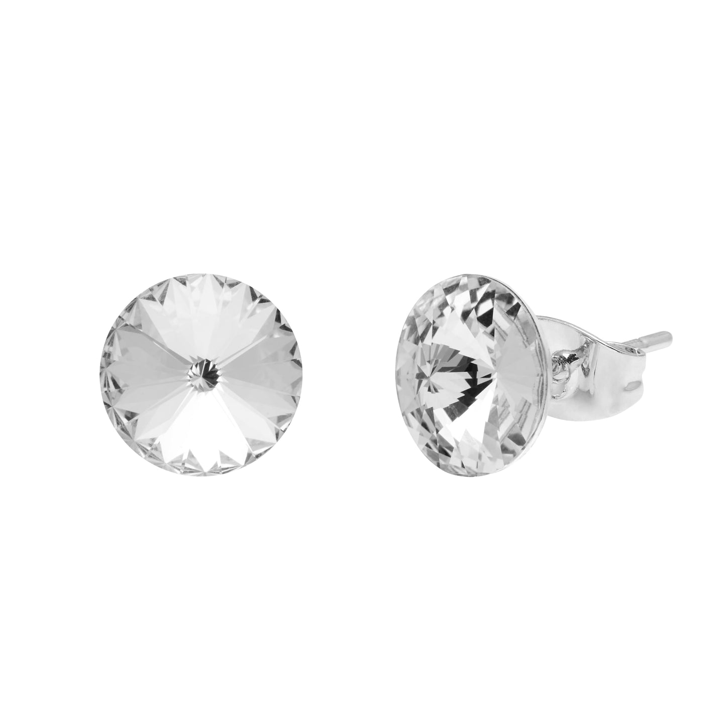 A pair of stud earrings from Aura, adorned with round faceted Swarovski Crystals, featuring silver backs against a white backdrop.