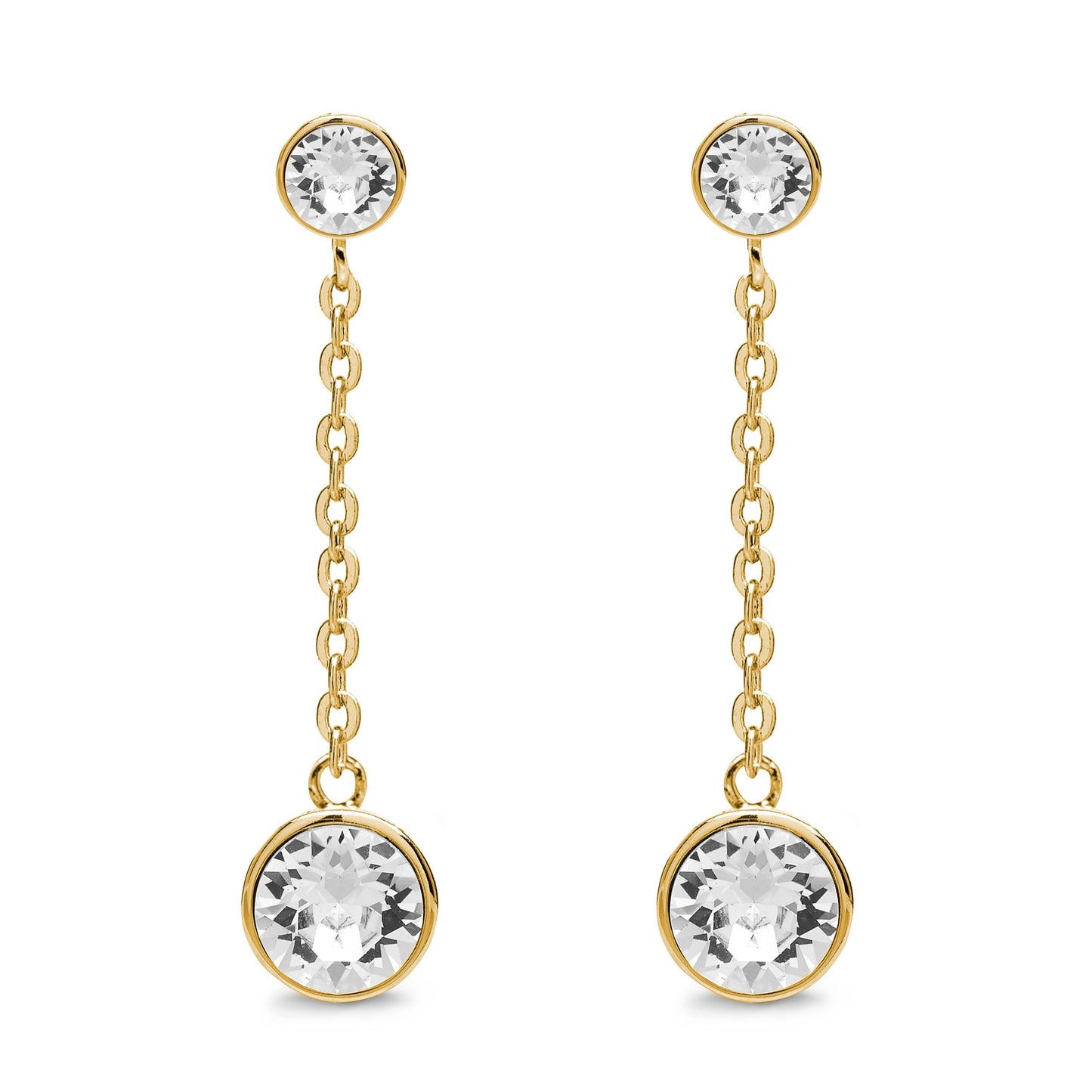 Experience the elegance and timeless charm of Aura's Drop and Dangle Earrings With Crystals. Crafted with exquisite 18k gold chains, these earrings feature sparkling Swarovski crystals, showcasing a round stone as the stud complemented by another gracefully dangling piece.