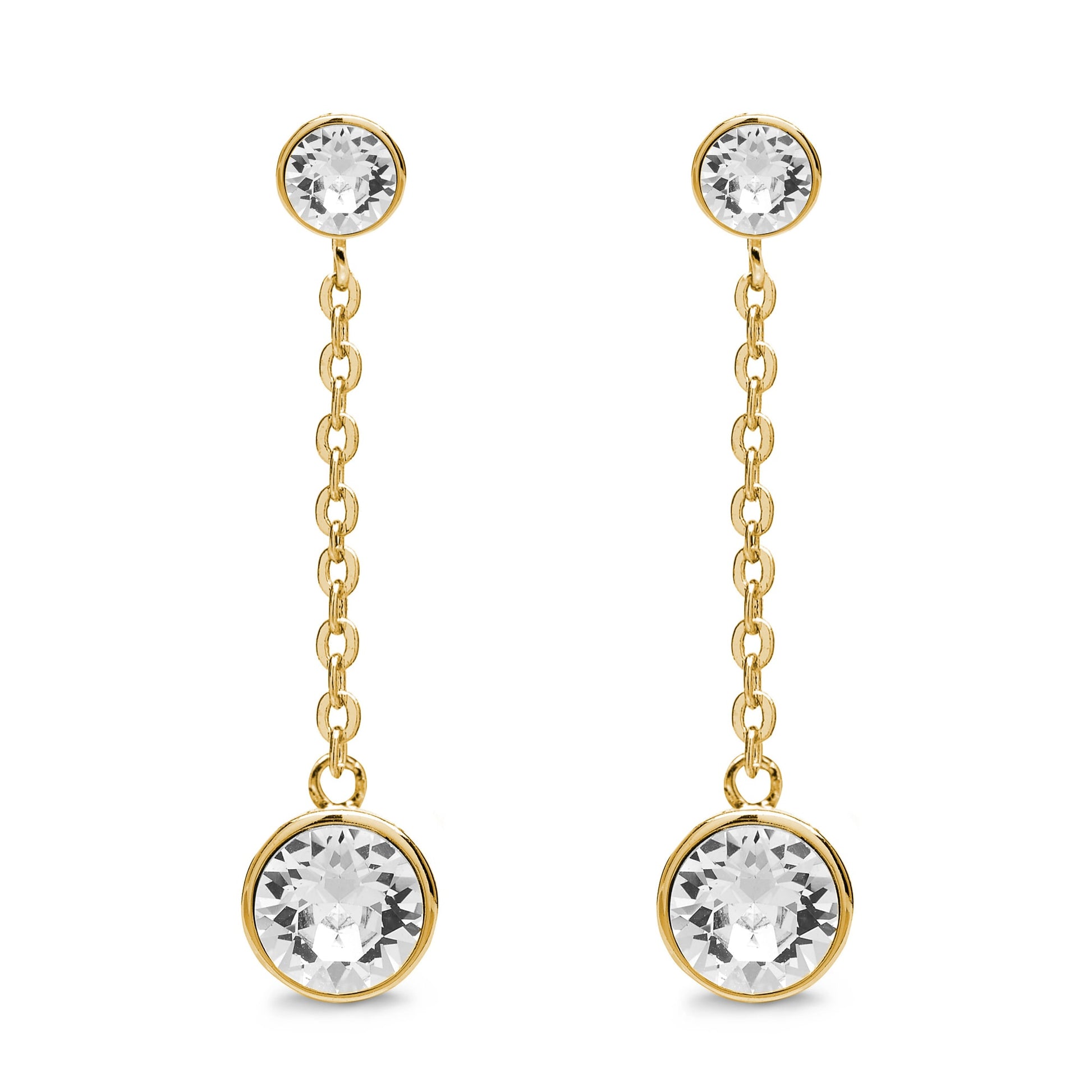 Experience the elegance and timeless charm of Aura's Drop and Dangle Earrings With Crystals. Crafted with exquisite 18k gold chains, these earrings feature sparkling Swarovski crystals, showcasing a round stone as the stud complemented by another gracefully dangling piece.