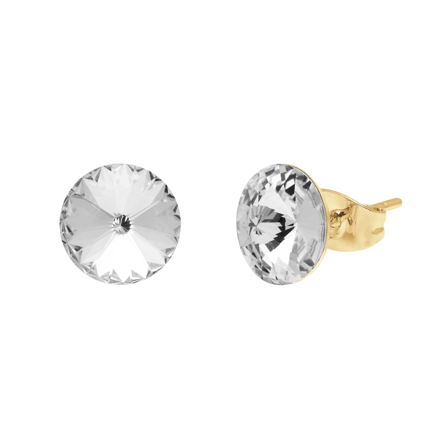 Close-up of Aura's stunning Stud Earrings With Crystals, showcasing Swarovski Crystals set in radiant 18k gold against a plain white background.