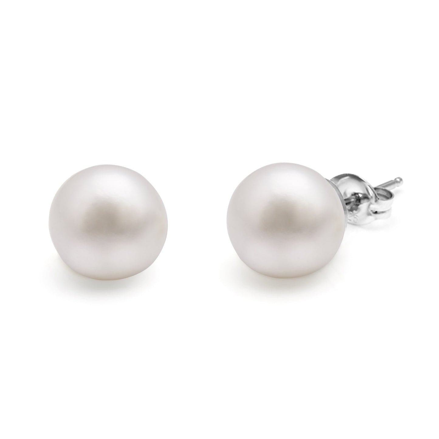 Aura's Stud Earrings With Crystals are a sophisticated pair of white pearl studs featuring silver posts and embellished with dazzling Swarovski crystals, beautifully set against a pristine white background.