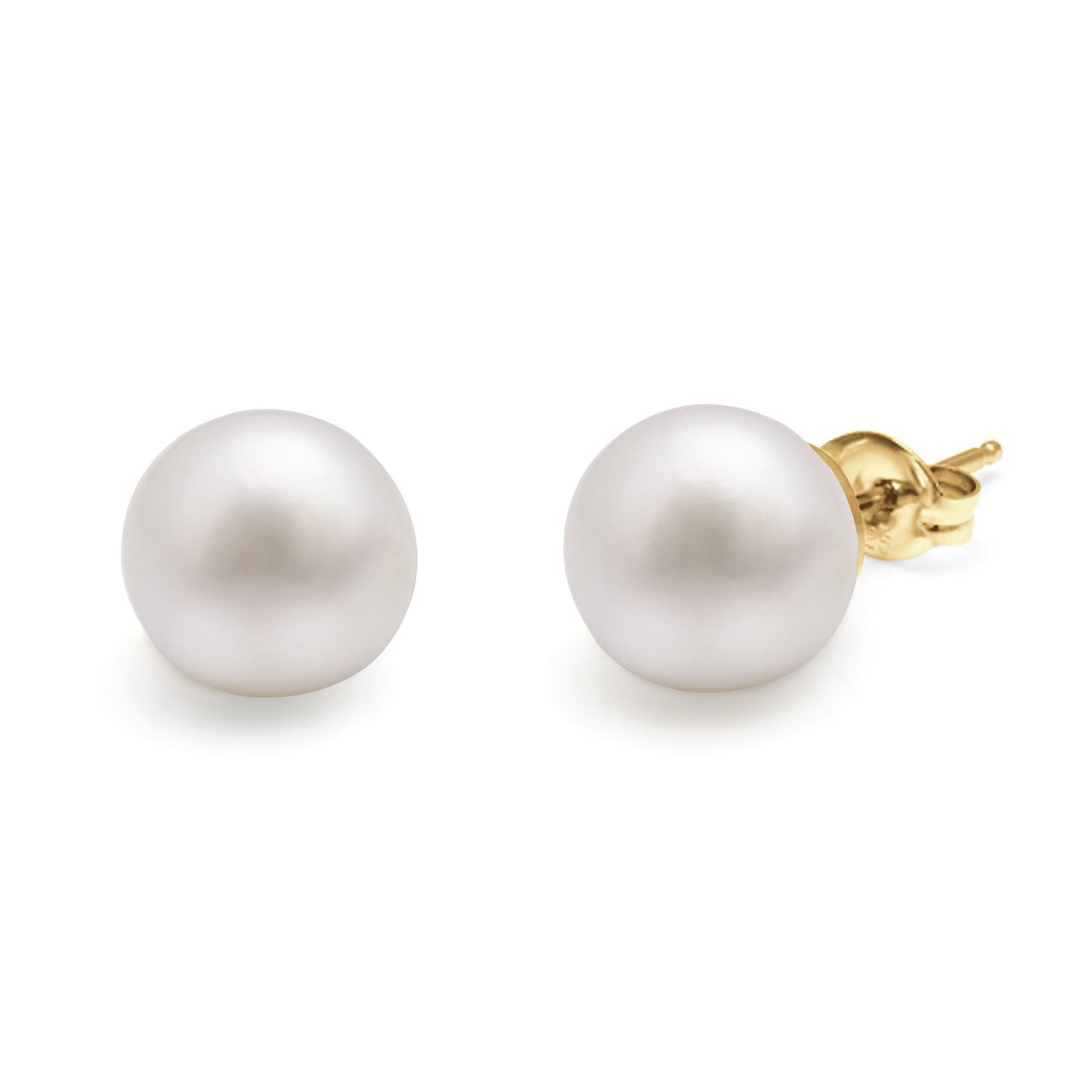 Aura's Stud Earrings with Crystals showcase large round white pearls, complemented by dazzling Swarovski Crystals, set against a white background.