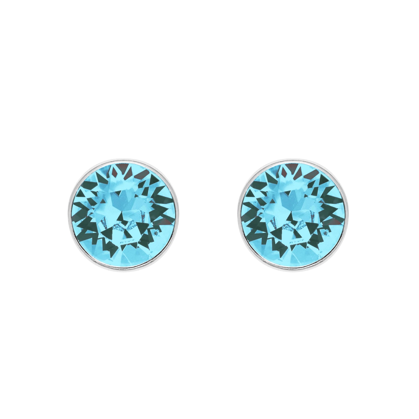 A pair of Aura's Stud Earrings With Crystals, featuring exquisite blue gemstones and shimmering Swarovski Crystals in elegant silver settings, rests beautifully on a pristine white background.