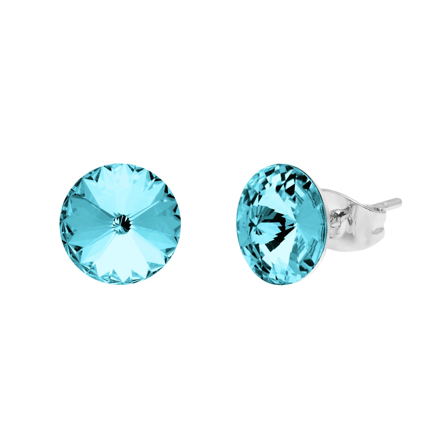 Aura's Stud Earrings With Crystals feature round blue Swarovski crystals set in silver, presented against a white backdrop.