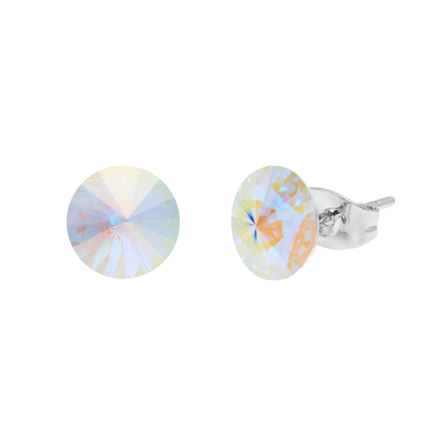Close-up of round, iridescent stud earrings from Aura, expertly crafted with sparkling crystals, featuring a shiny, reflective surface against a white background.