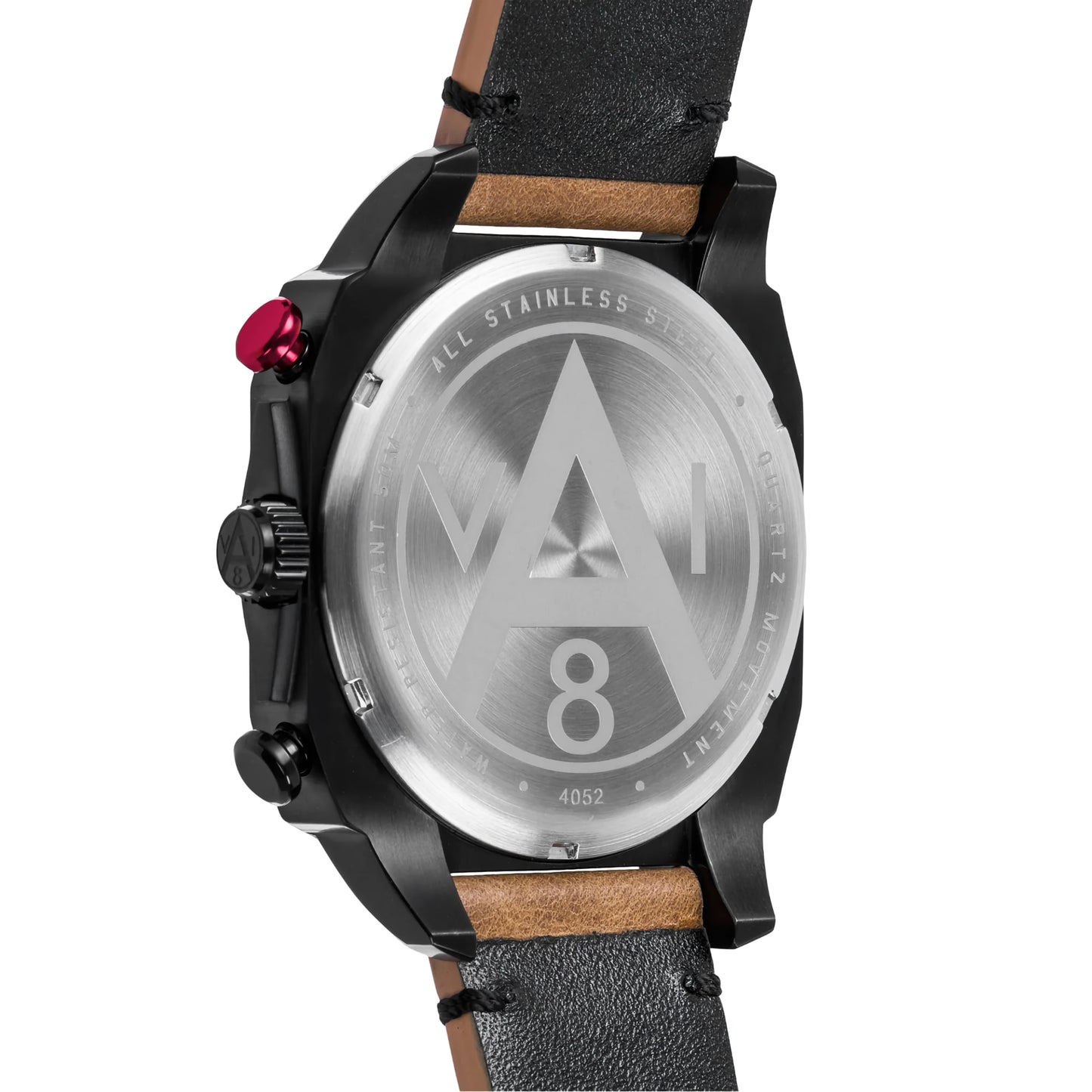The AVI-8 Hawker Hunter watch, with leather strap and metal case, showcases its Japanese quartz movement from the back.