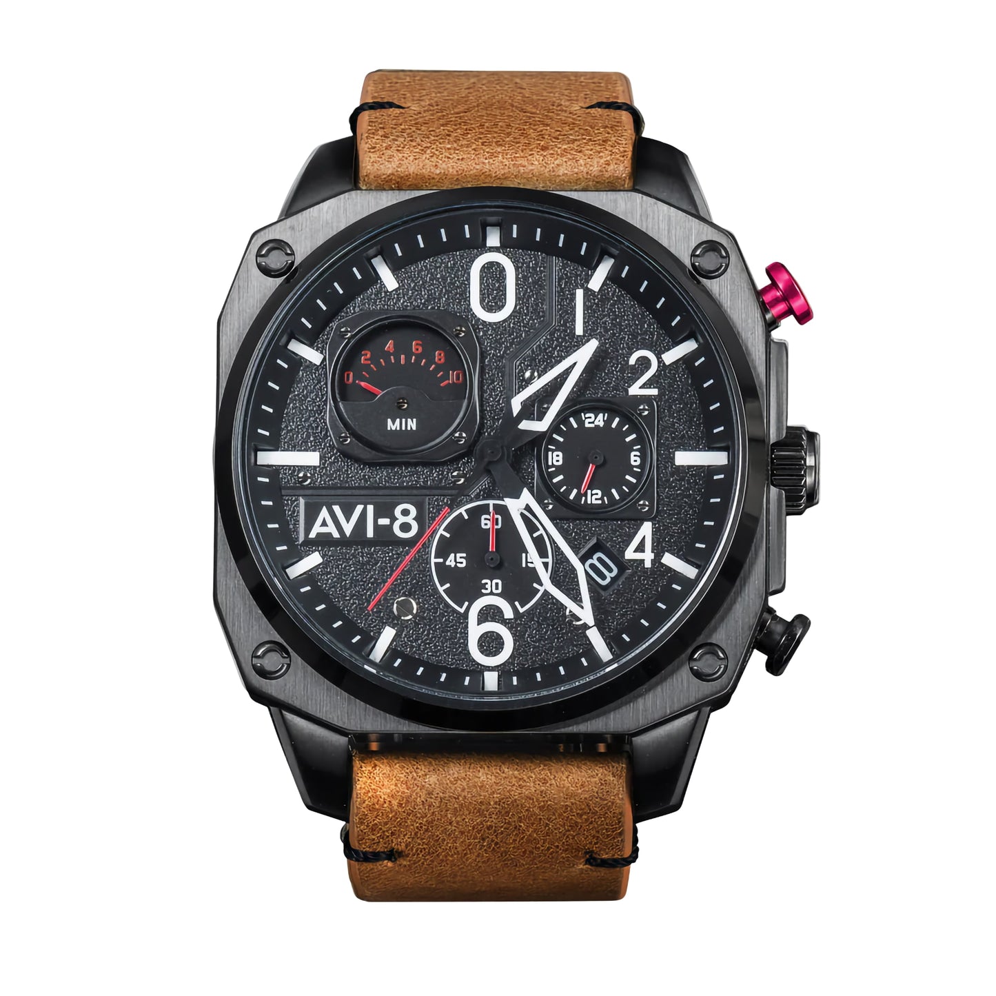 AVI-8 Hawker Hunter Chronograph: square black dial, brown leather strap, white numbers, red accents, Japanese quartz.