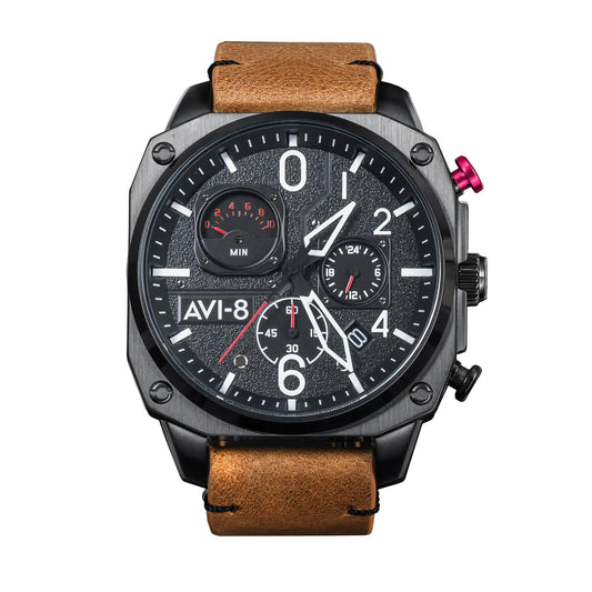 AVI-8 Hawker Hunter Chronograph: square black dial, brown leather strap, white numbers, red accents, Japanese quartz.