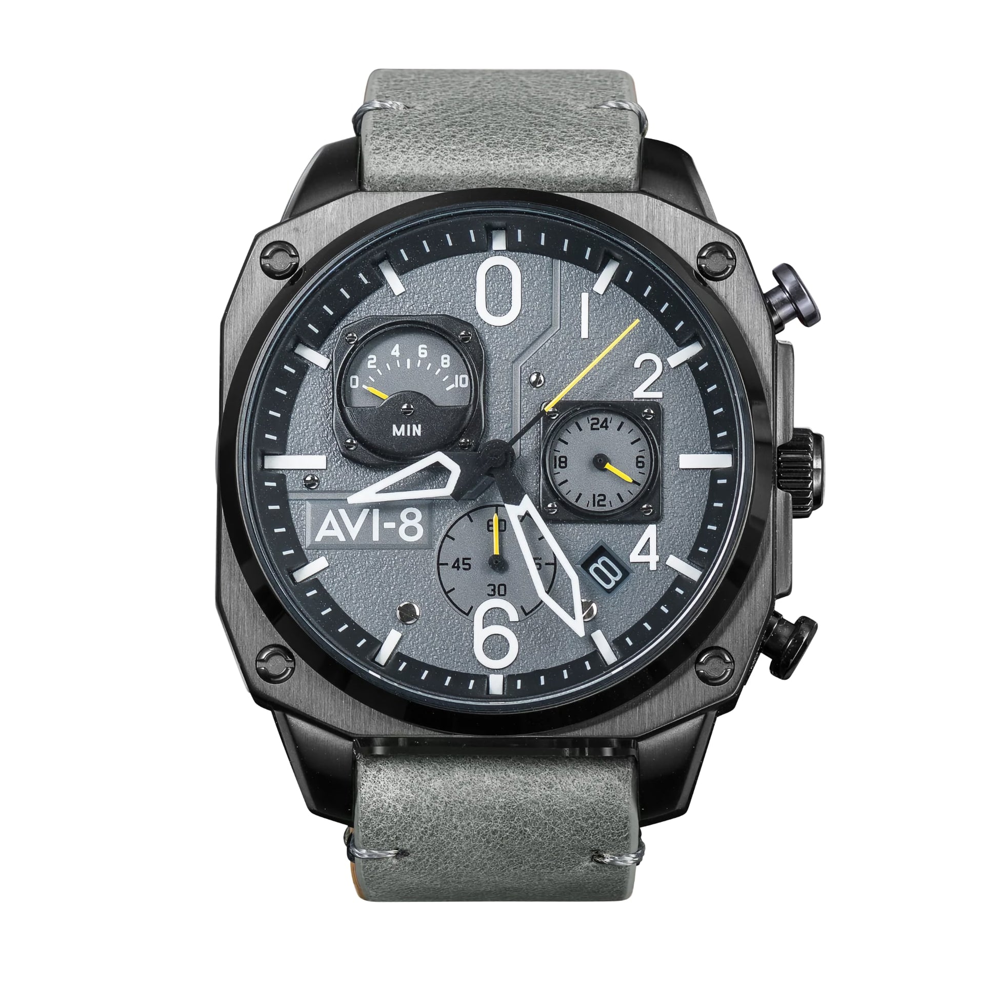 AVI-8 Hawker Hunter watch features a gray face, subdials, green leather strap & highlights aviation-inspired heritage.