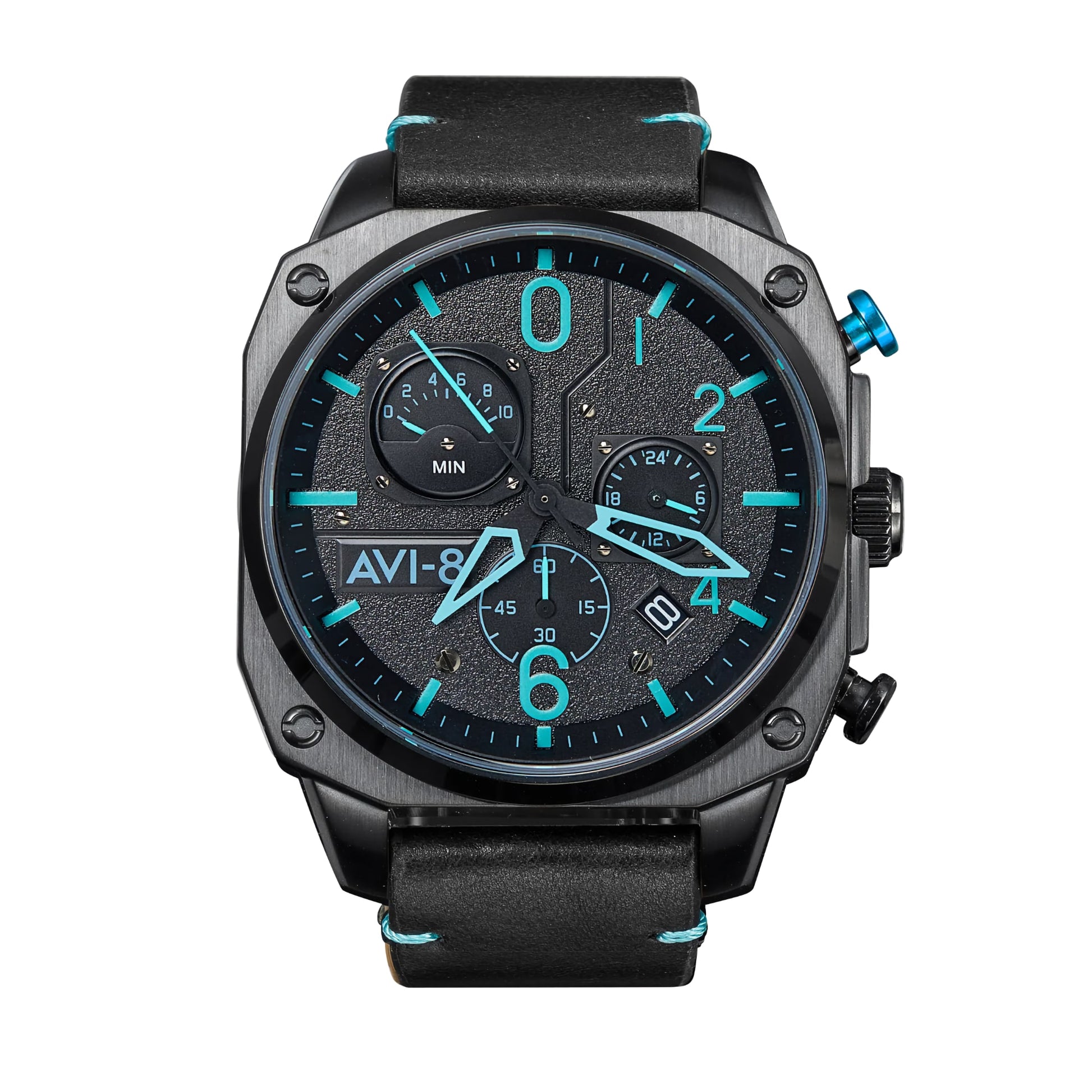 AVI-8 Hawker Hunter Retrograde Chronograph Blue Diamond Men's watch with leather strap, ideal for aviation enthusiasts.