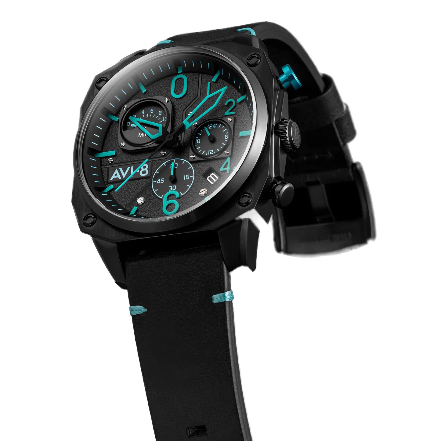 AVI-8 Hawker Hunter Retrograde Chronograph with Japanese quartz, three sub-dials, and a stylish dark leather strap.