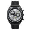 An AVI-8 Hawker Hunter Retrograde Chronograph Tactical Black watch with a black silicone strap and gray-black design.