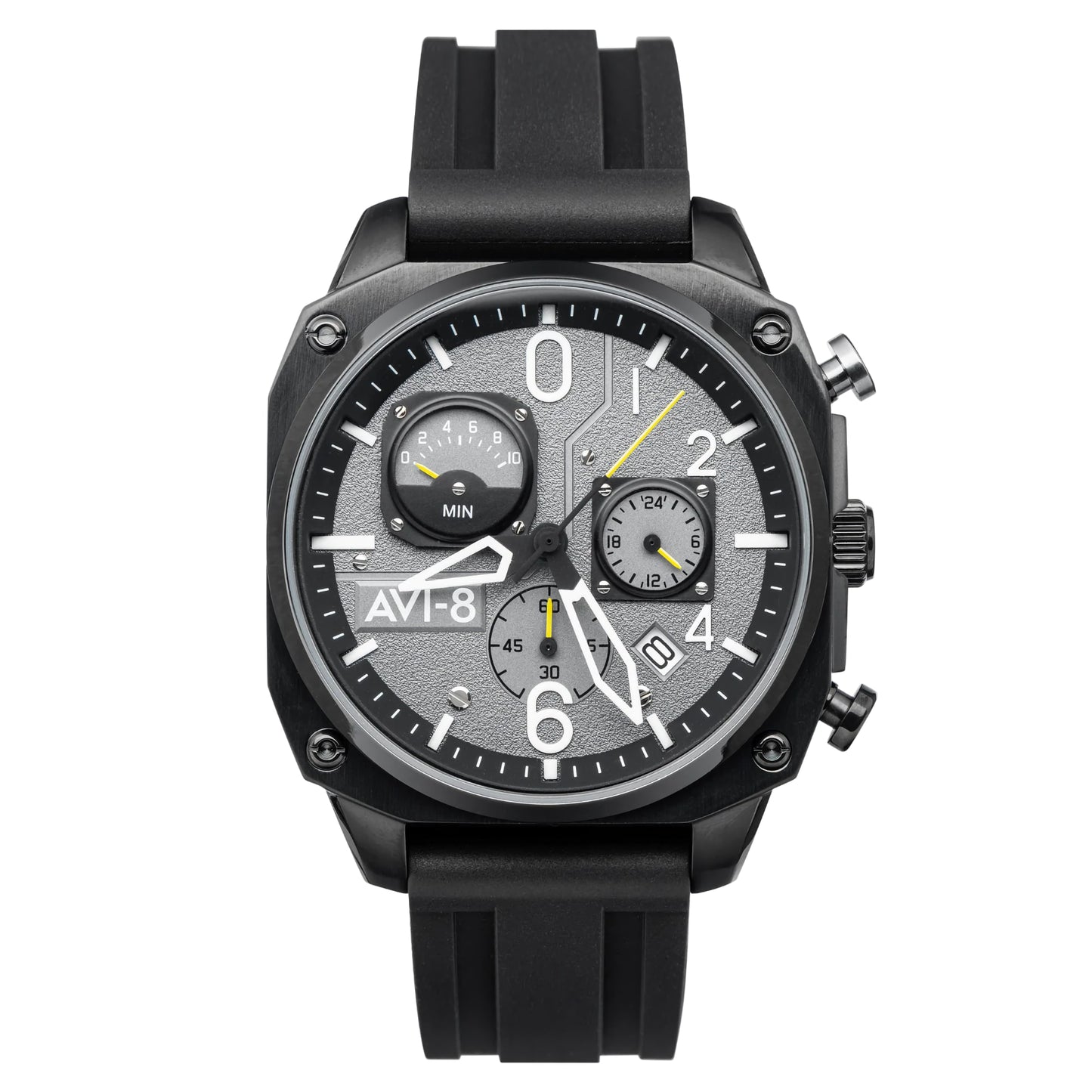 An AVI-8 Hawker Hunter Retrograde Chronograph Tactical Black watch with a black silicone strap and gray-black design.