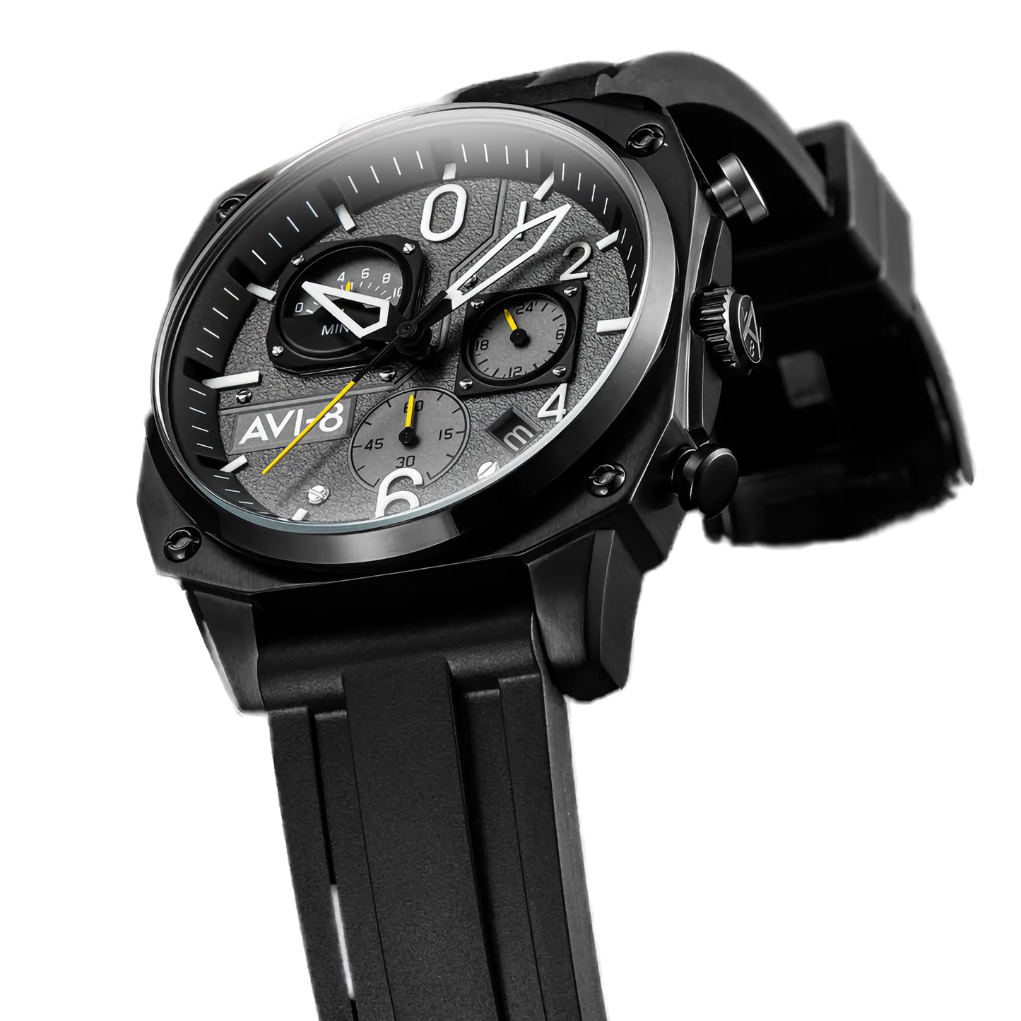 AVI-8 Hawker Hunter Retrograde Chronograph Tactical Black Men's watch with textured dial, bold numbers, and black strap.