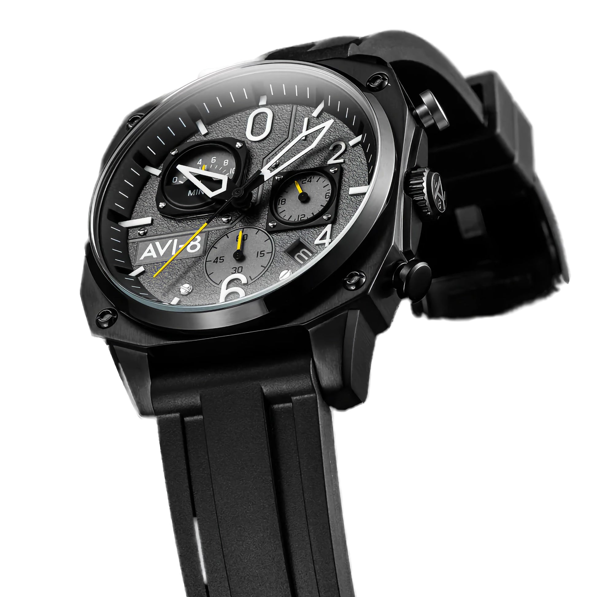 AVI-8 Hawker Hunter Retrograde Chronograph Tactical Black Men's watch with textured dial, bold numbers, and black strap.