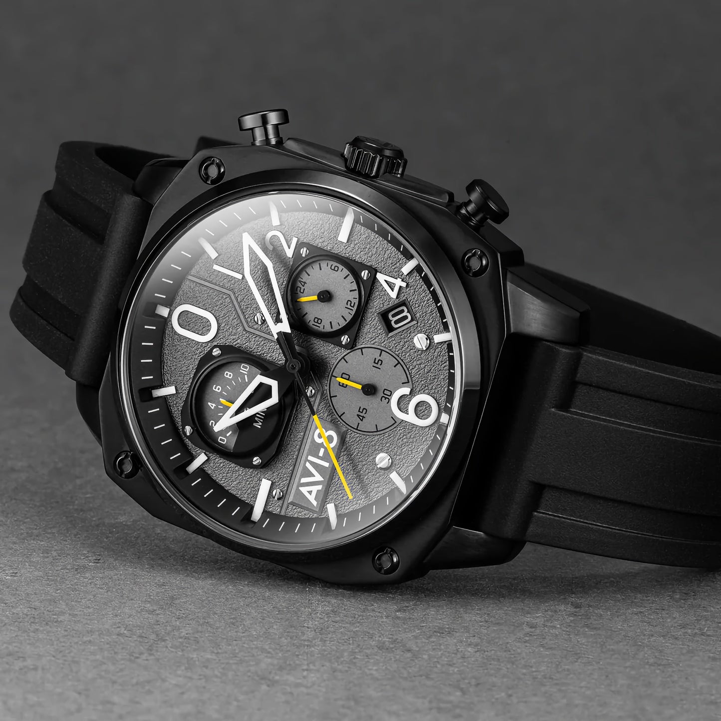 AVI-8 Hawker Hunter Retrograde Chronograph Tactical Black watch with textured dial and Japanese quartz movement.
