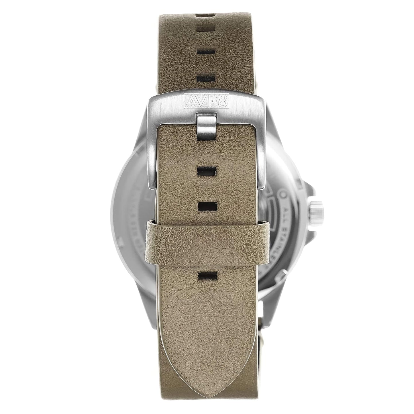 AVI-8 Hawker Harrier II Date watch with a leather strap, silver buckle, and metal clasp engravings.