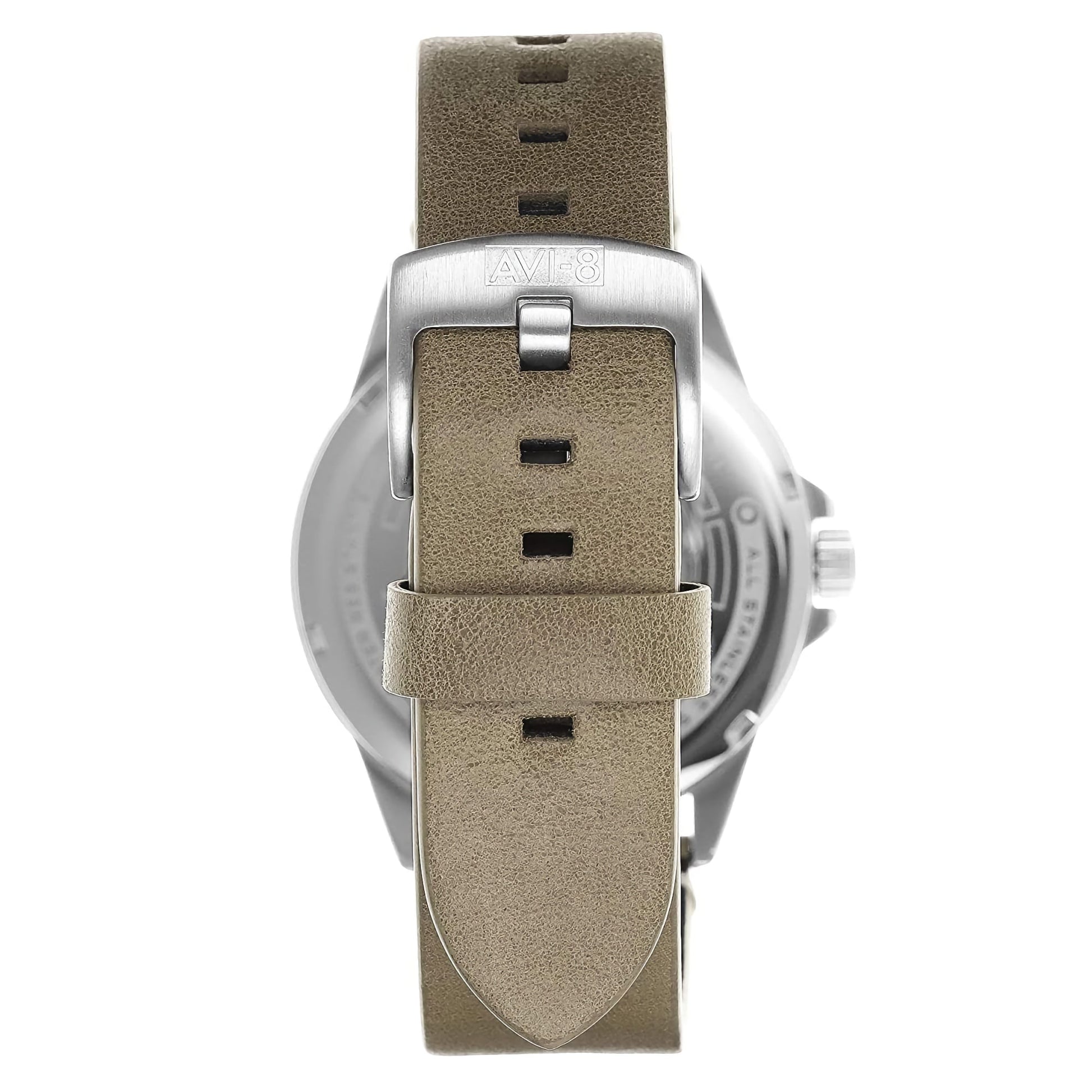 AVI-8 Hawker Harrier II Date watch with a leather strap, silver buckle, and metal clasp engravings.