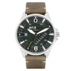 AVI-8 Hawker Harrier II watch with a dark face, white numbers, brown leather strap, three subdials, yellow second hand.