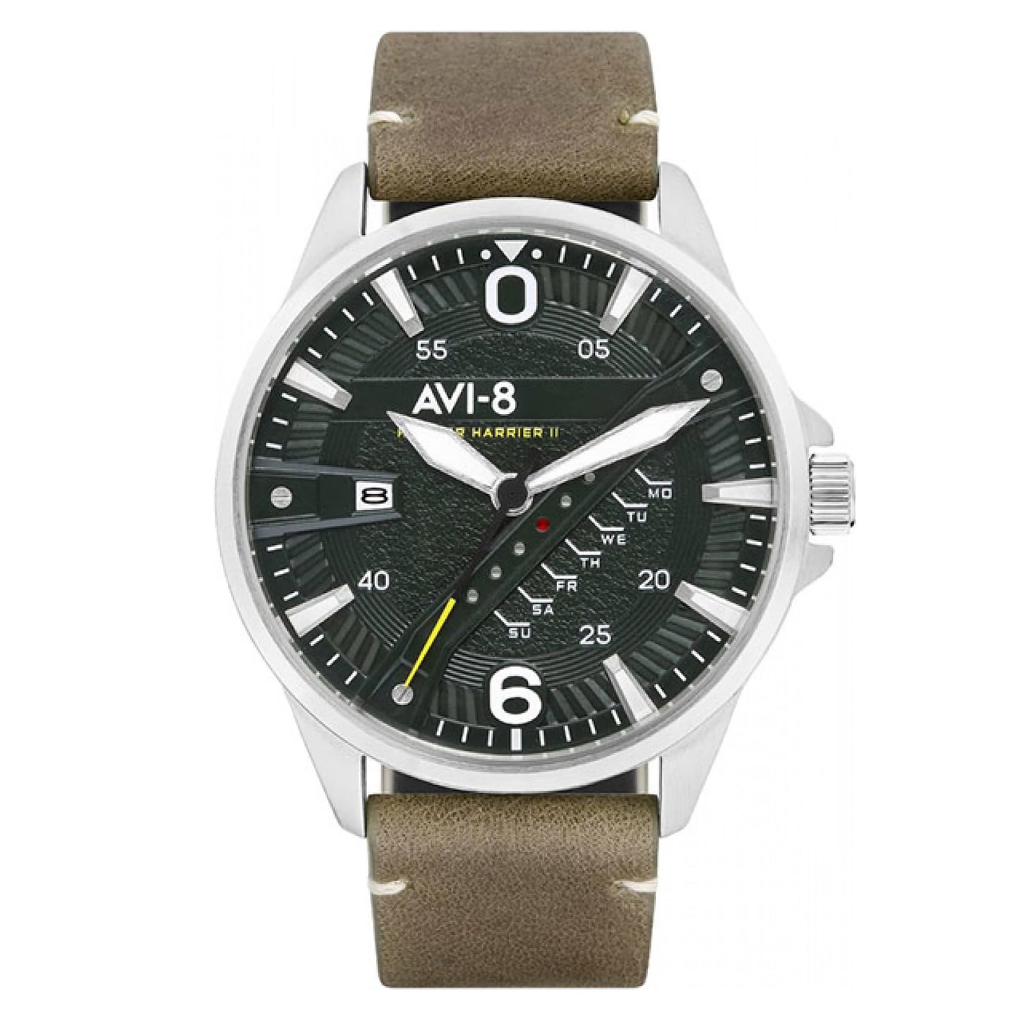 AVI-8 Hawker Harrier II watch with a dark face, white numbers, brown leather strap, three subdials, yellow second hand.