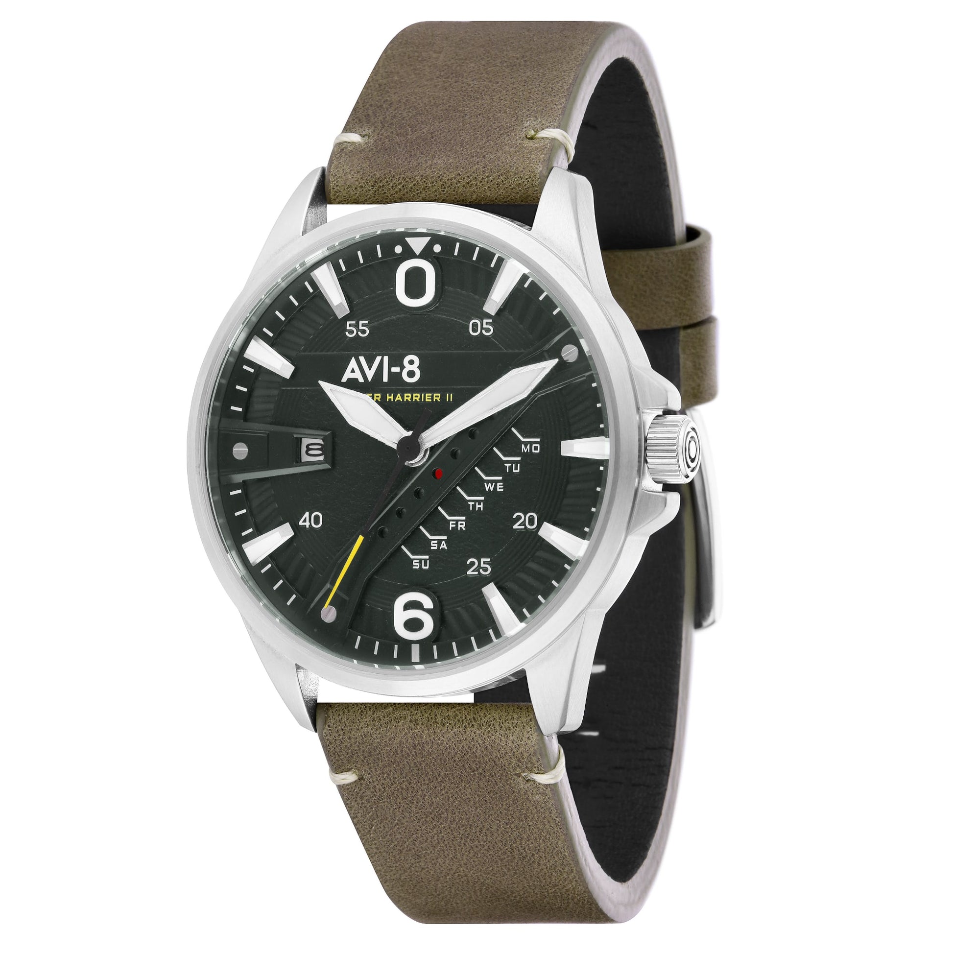 AVI-8 Hawker Harrier II Date watch features a green dial, white markers, date display, and brown leather strap.