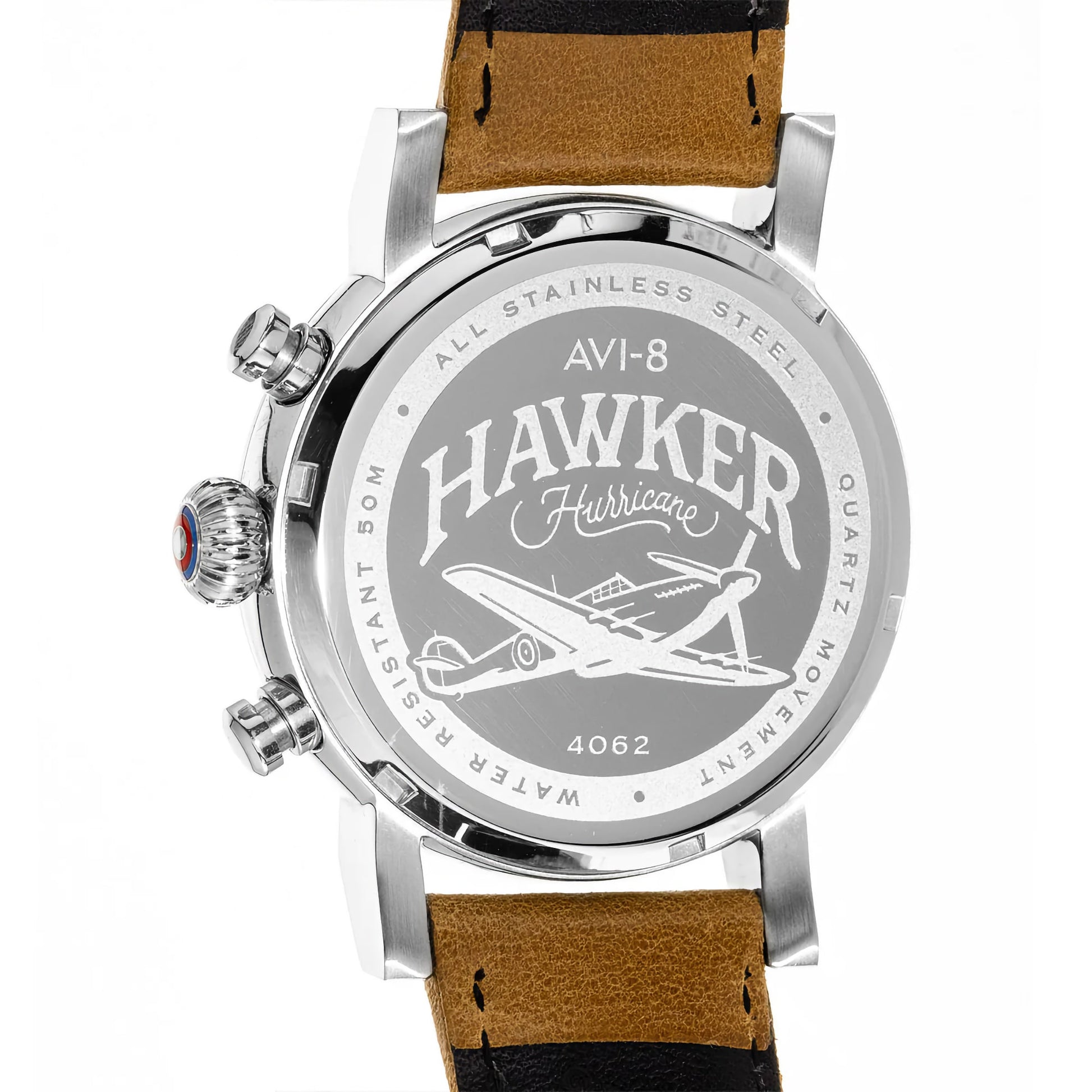 Back of the AVI-8 Hawker Hurricane Chronograph with stainless steel case, leather strap, and Japanese quartz movement.
