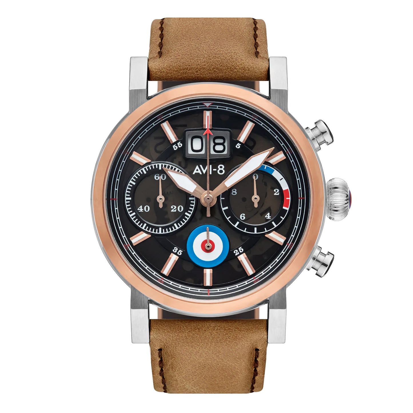AVI-8 Hawker Hurricane Chronograph with Japanese quartz, brown leather strap, black dial, and rose gold accents.