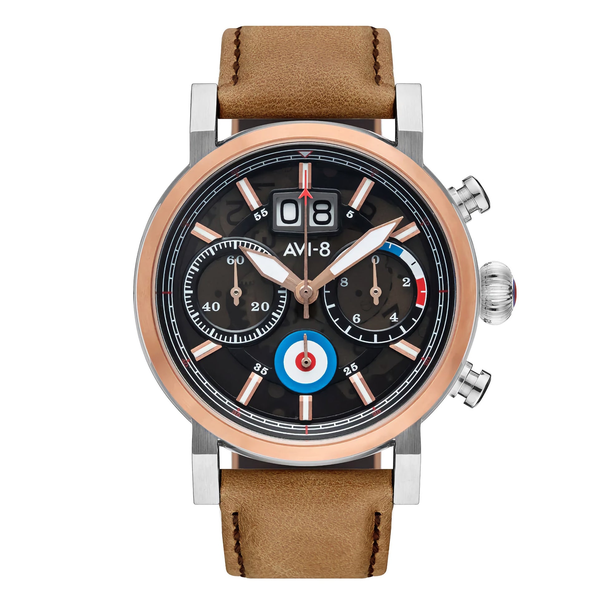 AVI-8 Hawker Hurricane Chronograph with Japanese quartz, brown leather strap, black dial, and rose gold accents.