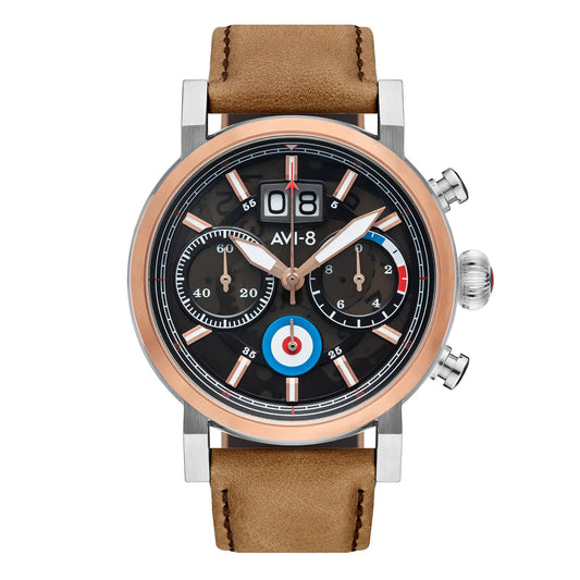 AVI-8 Hawker Hurricane Chronograph with Japanese quartz, brown leather strap, black dial, and rose gold accents.
