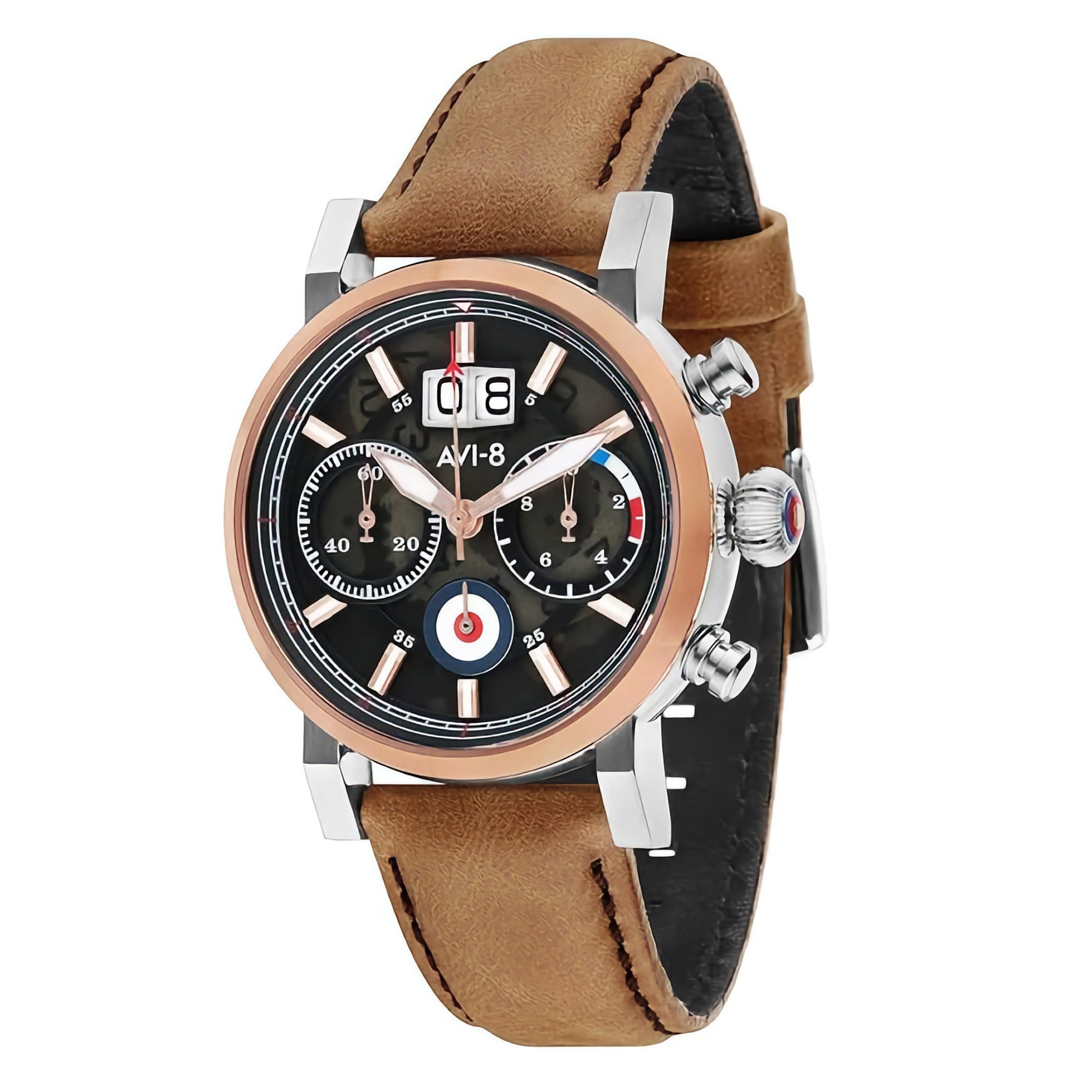 The AVI-8 Hawker Hurricane features a brown leather strap, black dial, and Japanese quartz with a date display.