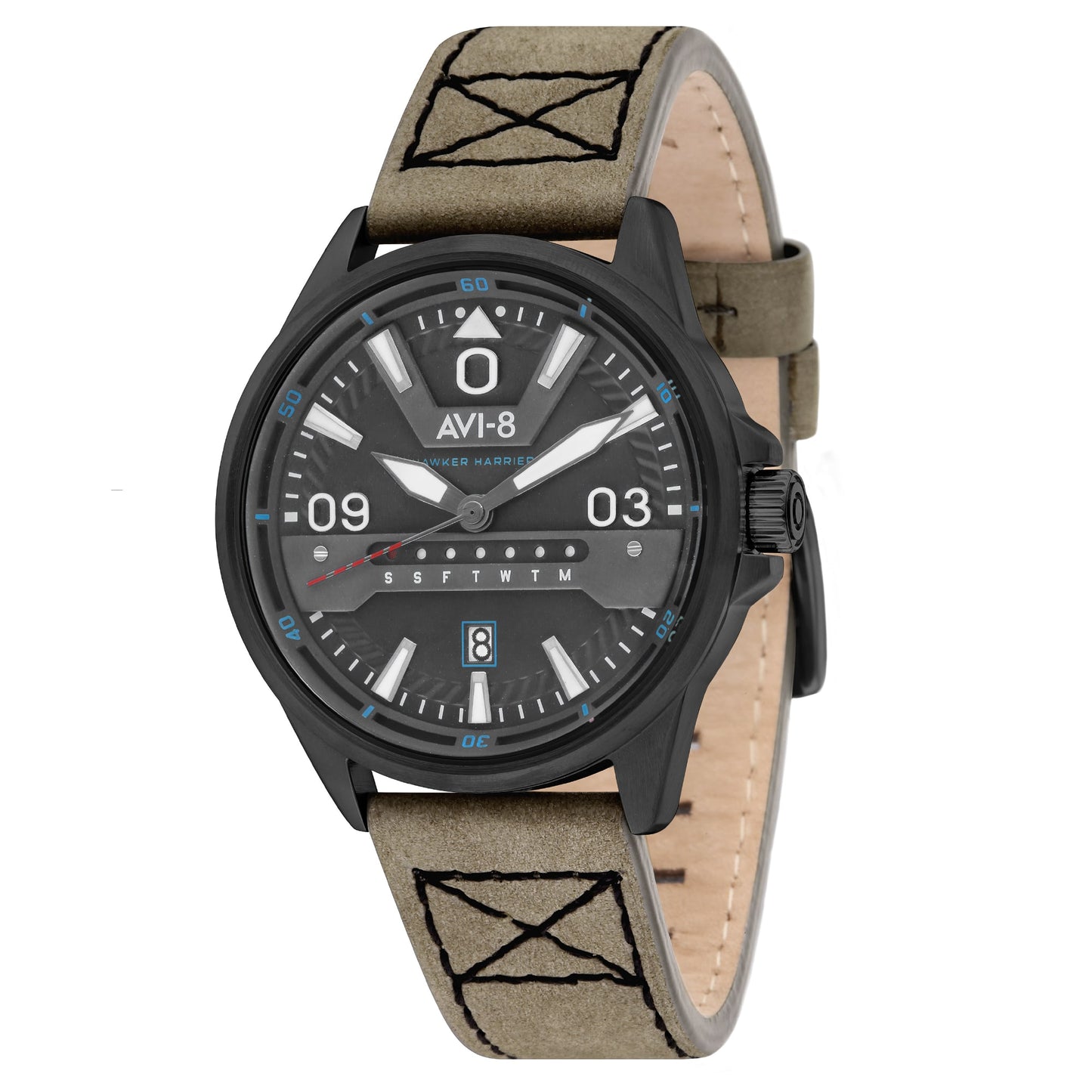 AVI-8 Hawker Harrier II Grey men's watch with Japanese quartz, black dial, green strap, and blue-accented markers.