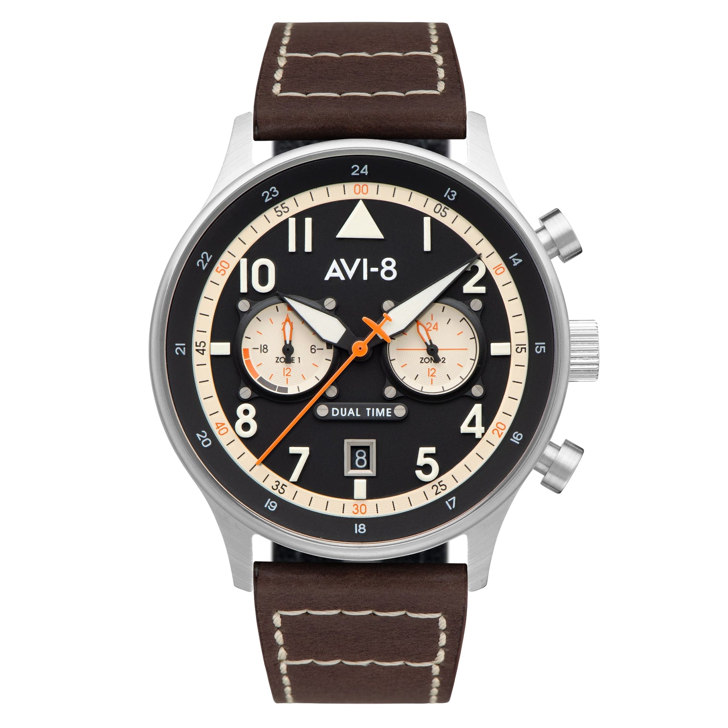 AVI-8 Hawker Hurricane Carey watch with brown leather strap, black dial, dual time feature, and orange minute hand.