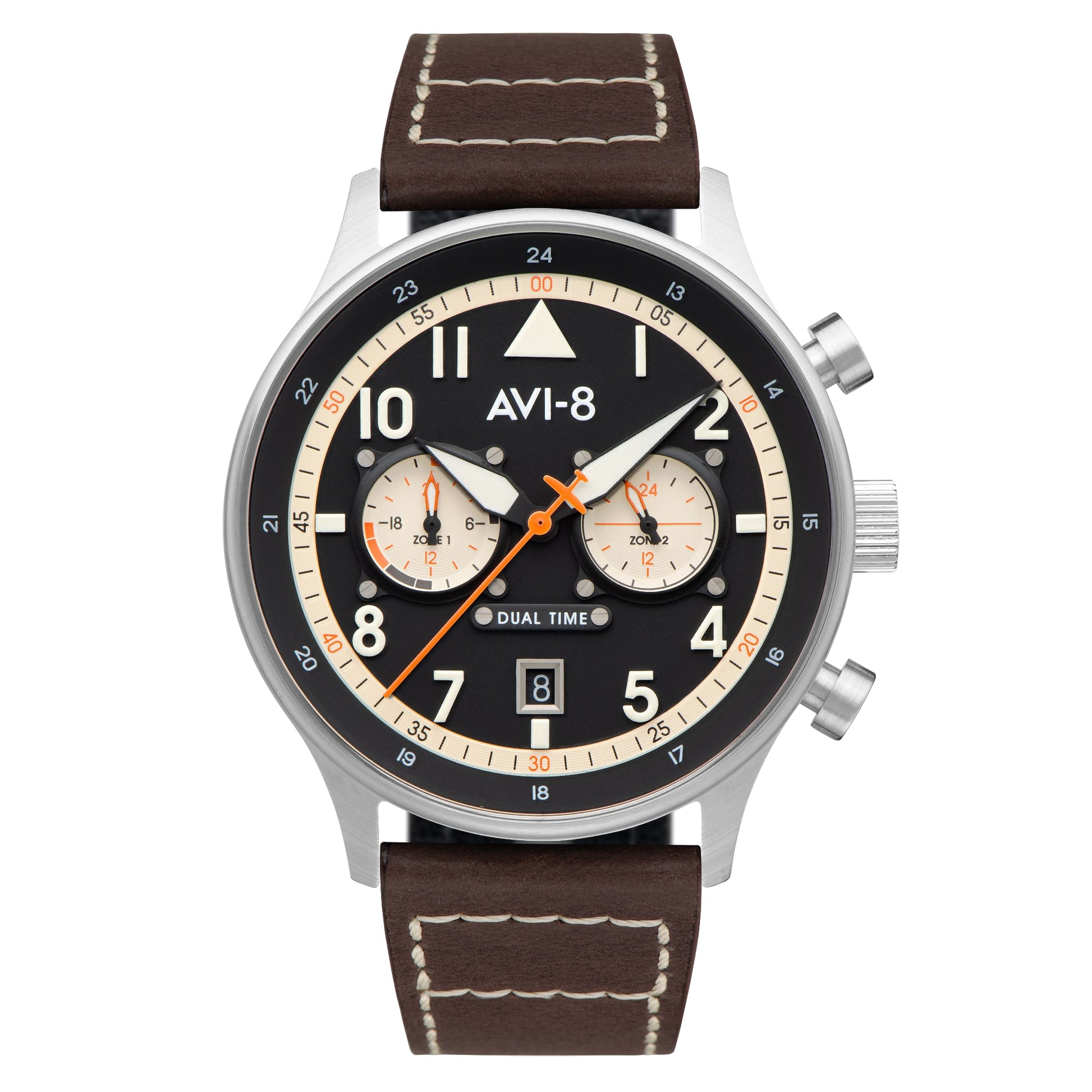 AVI-8 Hawker Hurricane Carey watch with brown leather strap, black dial, dual time feature, and orange minute hand.