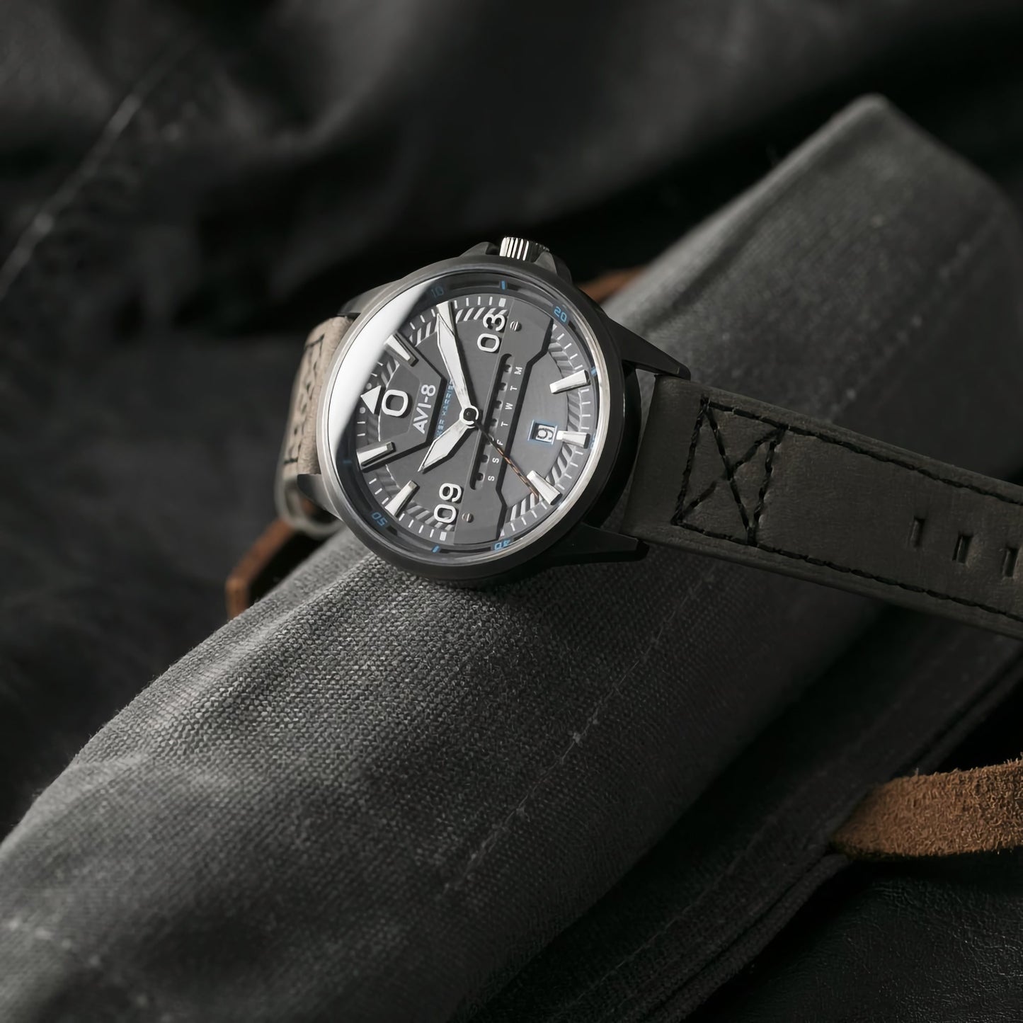 A grey AVI-8 Hawker Harrier II men's watch with a leather strap, featuring Japanese quartz movement.