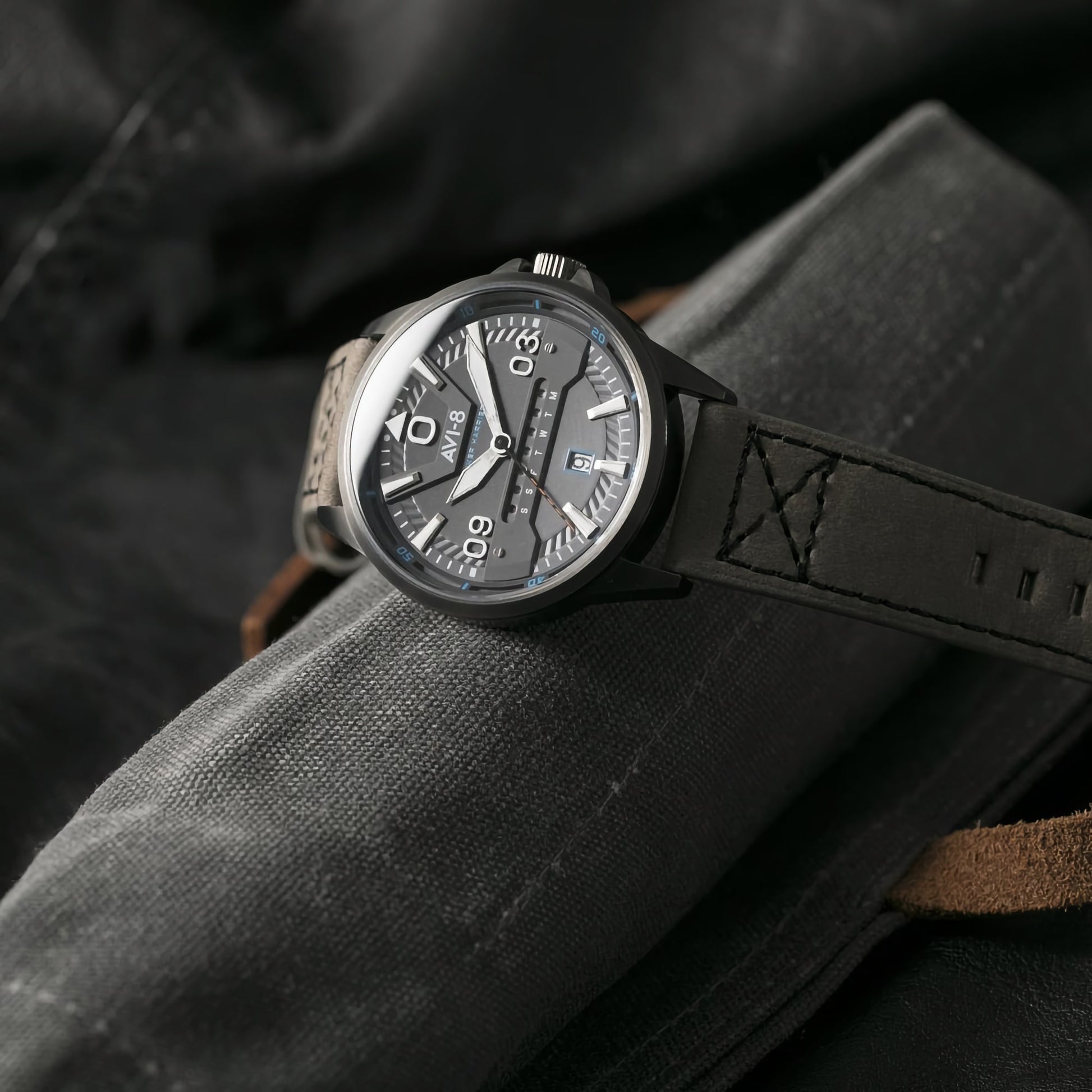 A grey AVI-8 Hawker Harrier II men's watch with a leather strap, featuring Japanese quartz movement.